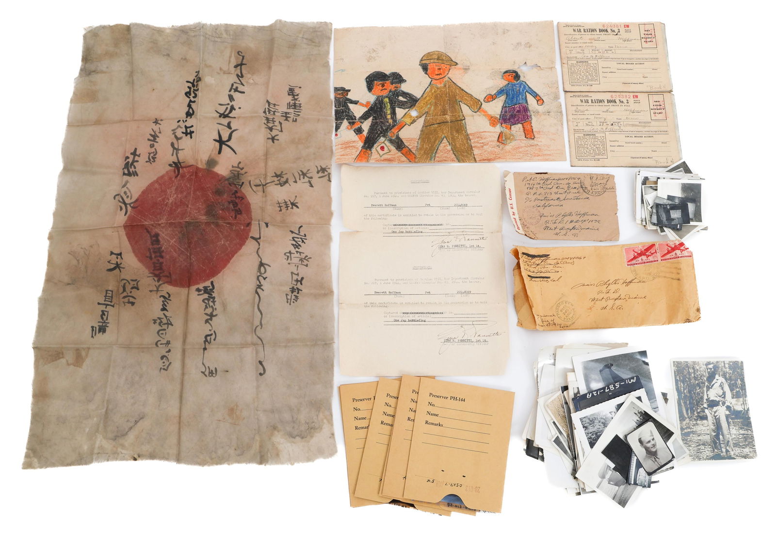 WWII US VET BRING BACK FLAG & WARTIME PHOTO GROUP: WWII US VET BRING BACK FLAG & WARTIME PHOTO GROUP WWII US Army Veteran Bring Back Japanese Flag and Wartime Photograph Grouping. Attributed to Private Everett Hoffman, 20148069. (1) Silk Yosegaki Hino