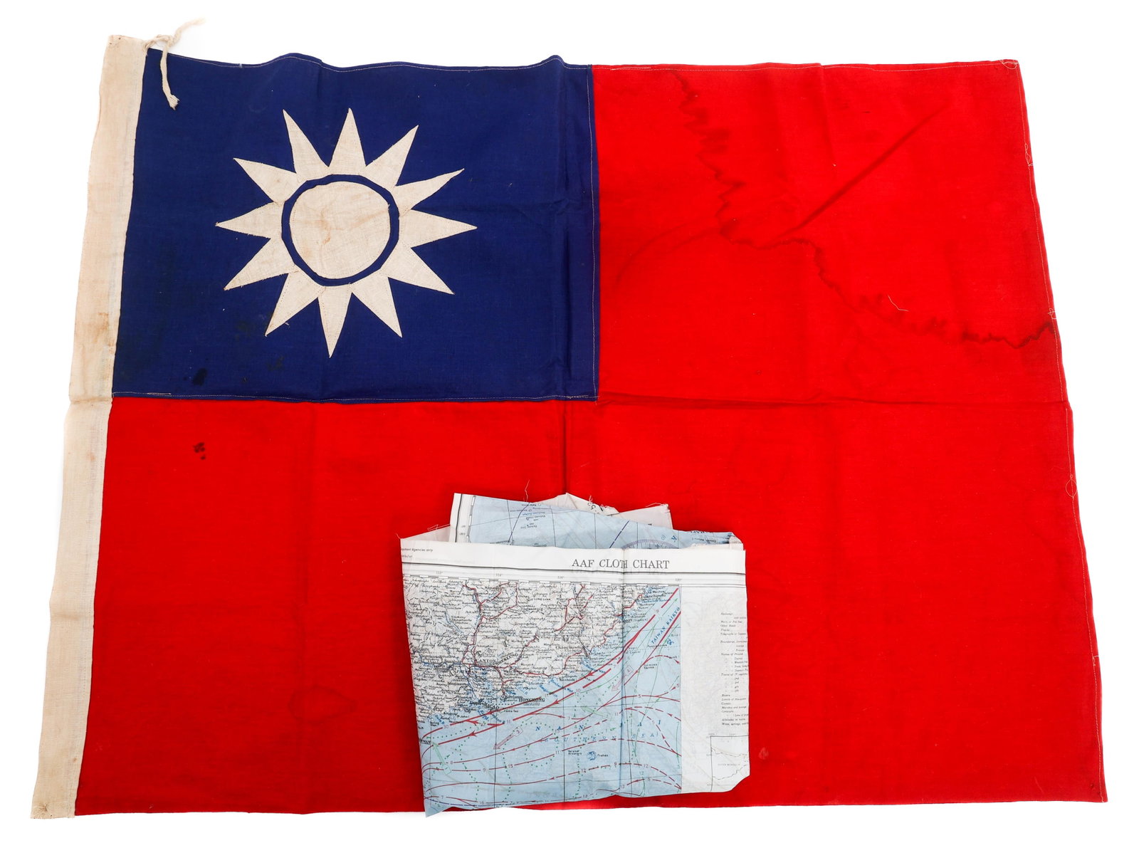 WWII USAAF CLOTH CHART MAP & CHINESE FLAG: WWII USAAF CLOTH CHART MAP & CHINESE FLAG WWII USAAF Cloth Chart Map & Republic of China Flag. (1) Double Sided AAF Cloth Chart Map. Japan and South China Seas No. C-52 on one side and East China Sea 