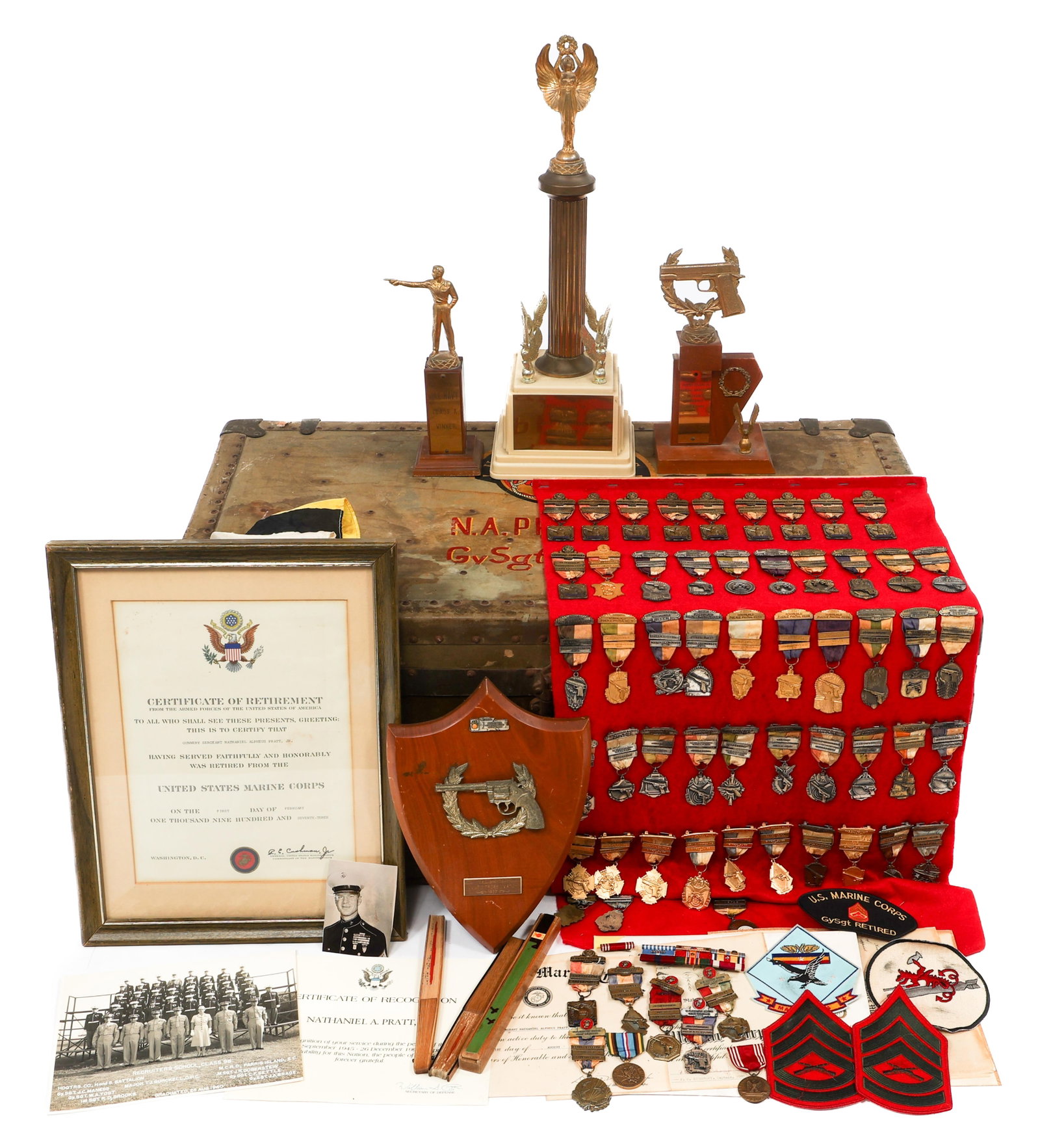 WWII - VIETNAM WAR USMC NAMED AWARD GROUPING: WWII - VIETNAM WAR USMC NAMED AWARD GROUPING WWII - Vietnam War US Marine Corps Gunnery Sergeant Medal, & Shooting Award Grouping. Named to Gunnery Sergeant Nathaniel A. Pratt Jr., 486778. Includes sm