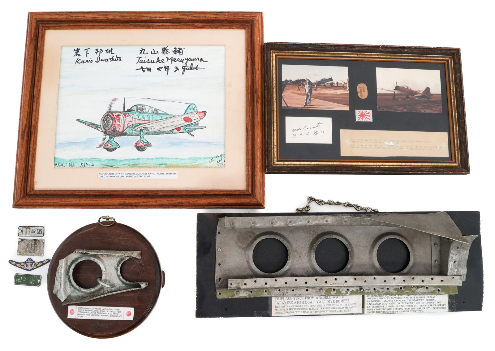 WWII JAPANESE AIRCRAFT PARTS & PILOT SIGNATURES: WWII JAPANESE AIRCRAFT PARTS & PILOT SIGNATURES WWII Imperial Japanese Aircraft Recovered Parts, Framed Oil Painting and Photos Signed by Japanese Pilots. (1) AICHI D3AI "VAL" Dive Bomber Aileron Spar