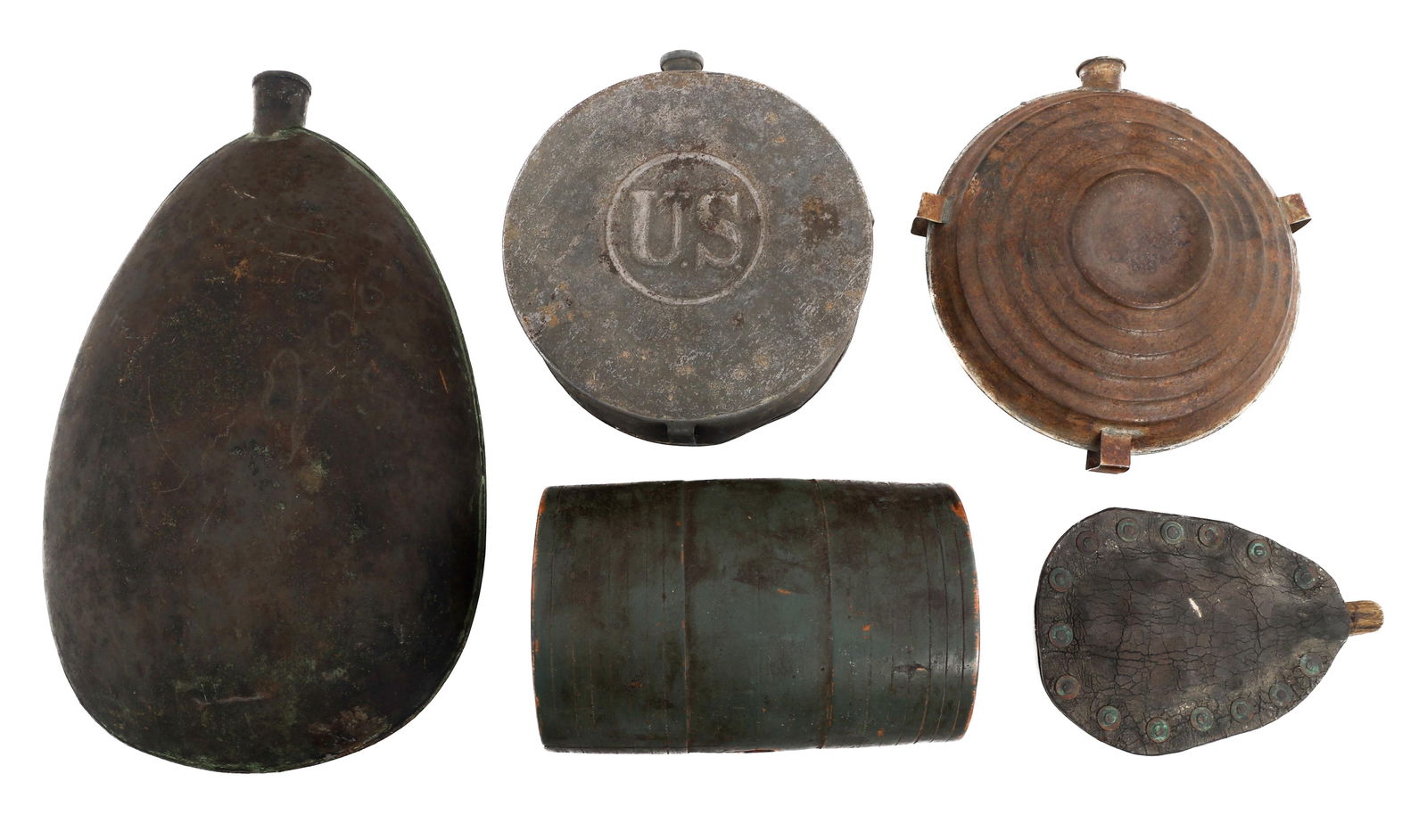 EARLY 19th C. - CIVIL WAR US CANTEENS & FLASKS: EARLY 19th C. - CIVIL WAR US CANTEENS & FLASKS Early 19th C. - Civil war US Canteens, Flasks, & Keg. (1) US Army Tin Drum Canteen. US marked on both sides. (1) Unmarked M1858 Bullseye Canteen. (1) Woo