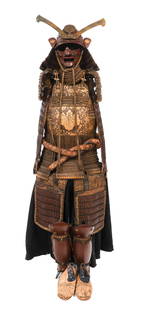 JAPANESE EDO PERIOD SAMURAI SUIT: JAPANESE EDO PERIOD SAMURAI SUIT Japanese Late Edo Period Samurai Suit. Complete suit, includes helmet, face shield, chest plate, shoulder pads, sleeve shields, faulds, thigh guards, shin guards and f