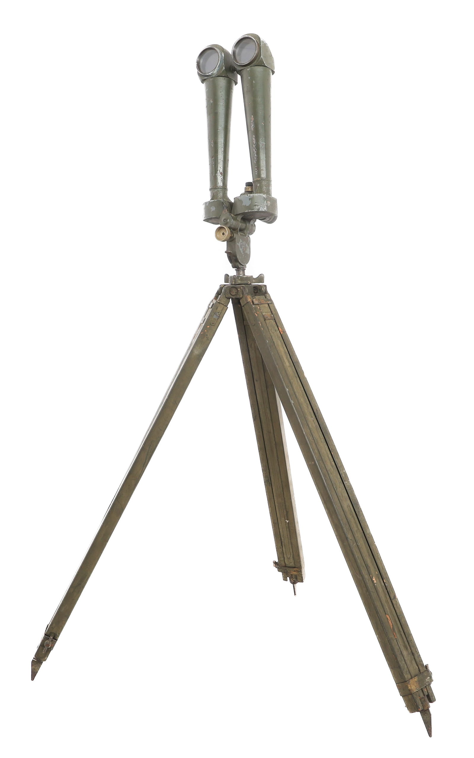 WWI FRENCH M17 HUET TRENCH PERISCOPE BINOCULARS: WWI FRENCH M17 HUET TRENCH PERISCOPE BINOCULARS WWI French Model 1917 Trench Periscope Binoculars. Maker marked by Huet, Paris. Serial number 13218. Includes wooden tripod. Binocular cradle mount is m