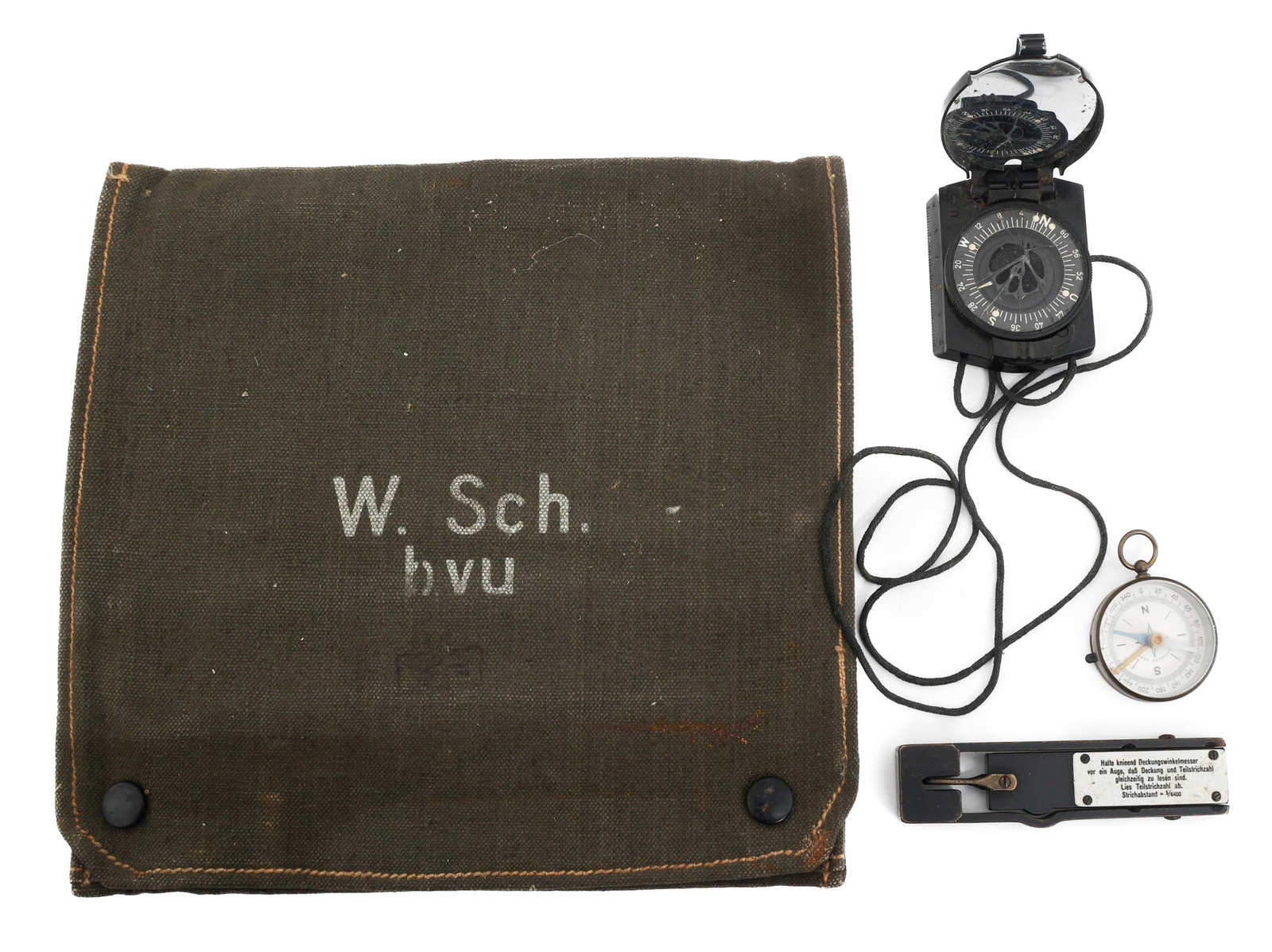 WWII GERMAN FIRE CALCULATOR, FIELD BAG & COMPASSES: WWII GERMAN FIRE CALCULATOR, FIELD BAG & COMPASSES WWII German Indirect Fire Calculator, Artillery "Weiter Schuss" Bag and Compasses. (1) Indirect Fire Distance Calculator. (1) Wehrmacht Artillery Wei