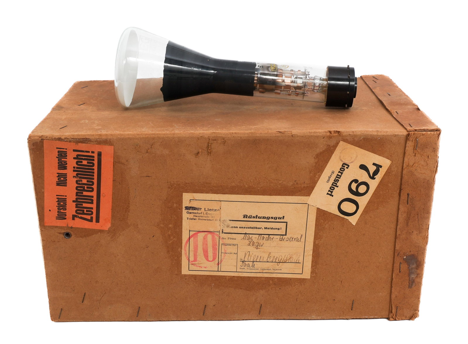 WWII GERMAN WEHRMACHT CATHODE RAY TUBE by AEG: WWII GERMAN WEHRMACHT CATHODE RAY TUBE by AEG WWII German Wehrmacht Cathode Ray Tube. Maker marked by AEG and "HR 1 / 100 / 1.5" marked near the bulb. "Wehrmacht BA12119 ET60 / 363" marked near the bo