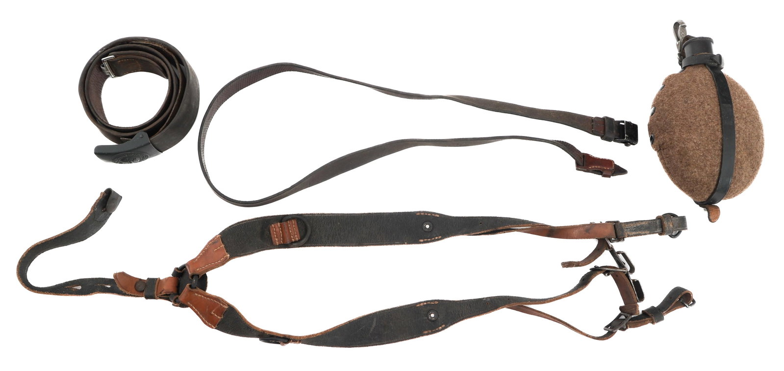 WWII GERMAN COMBAT Y-STRAPS, BELT, CANTEEN & SLING: WWII GERMAN COMBAT Y-STRAPS, BELT, CANTEEN & SLING WWII German Heer Combat Y-Straps, Belt, Canteen and K98 Sling. (1) Leather Y-Straps. Maker marked by Otto Breitschuh Eisleben 1941. (1) Heer Enlisted