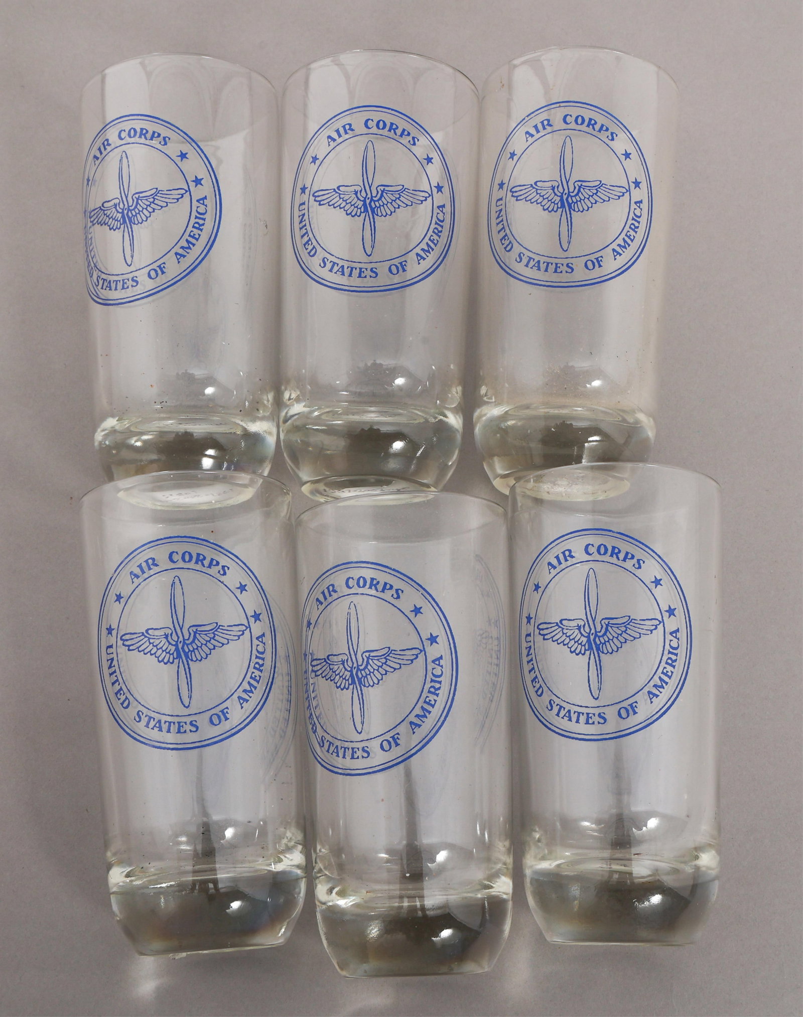 WWII US ARMY AIR CORPS MESS HALL GLASSES: WWII US ARMY AIR CORPS MESS HALL GLASSES Six WWII US Army Air Corps Mess Hall Drinking Glasses with USAAC emblems.