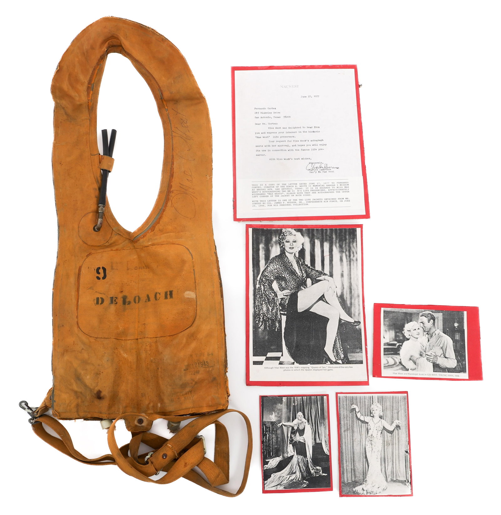WWII US MAE WEST HAND SIGNED TYPE B-4 LIFE VEST: WWII US MAE WEST HAND SIGNED TYPE B-4 LIFE VEST WWII US Mae West Hand Signed Type B-4 Life Preserver Vest. (1) Type B-4 "Mae West" Life Vest. Named to Deloach. Dated June 12, 1943. Hand Signed by West