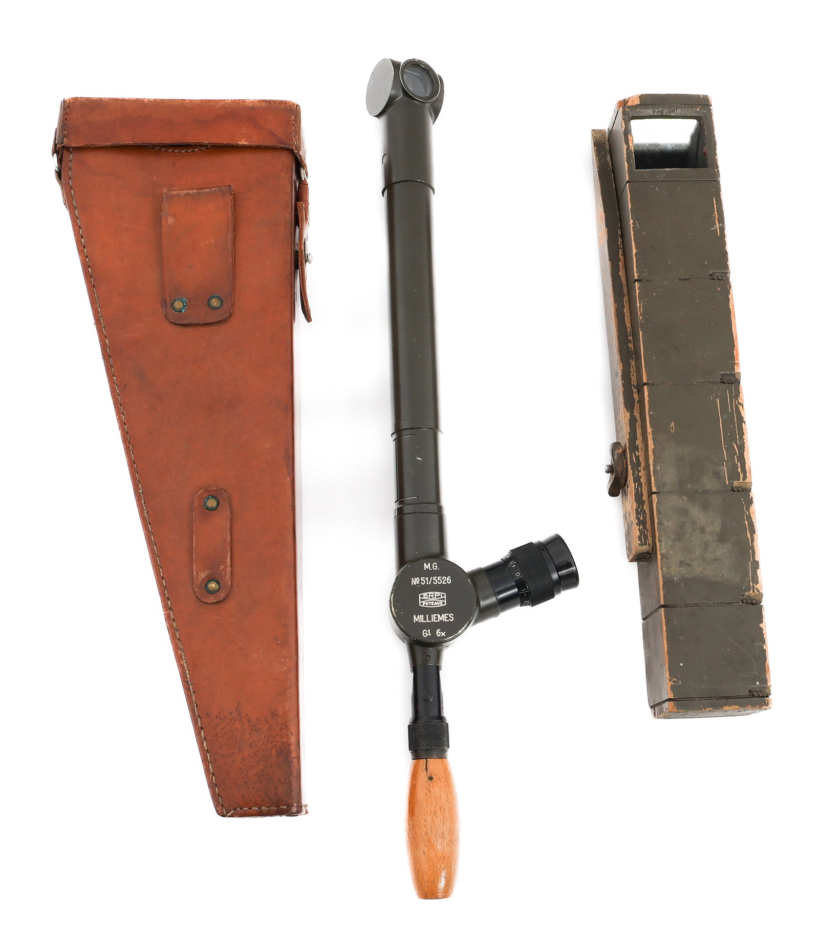 WWII US & FRENCH TRENCH PERISCOPES: WWII US & FRENCH TRENCH PERISCOPES WWII US & French Trench Periscopes. (1) French Sniper 6X Trench Periscope. Folding wooden handle. Maker marked by SRPI Puteaux. 6X stamped on the leather case. (1) U