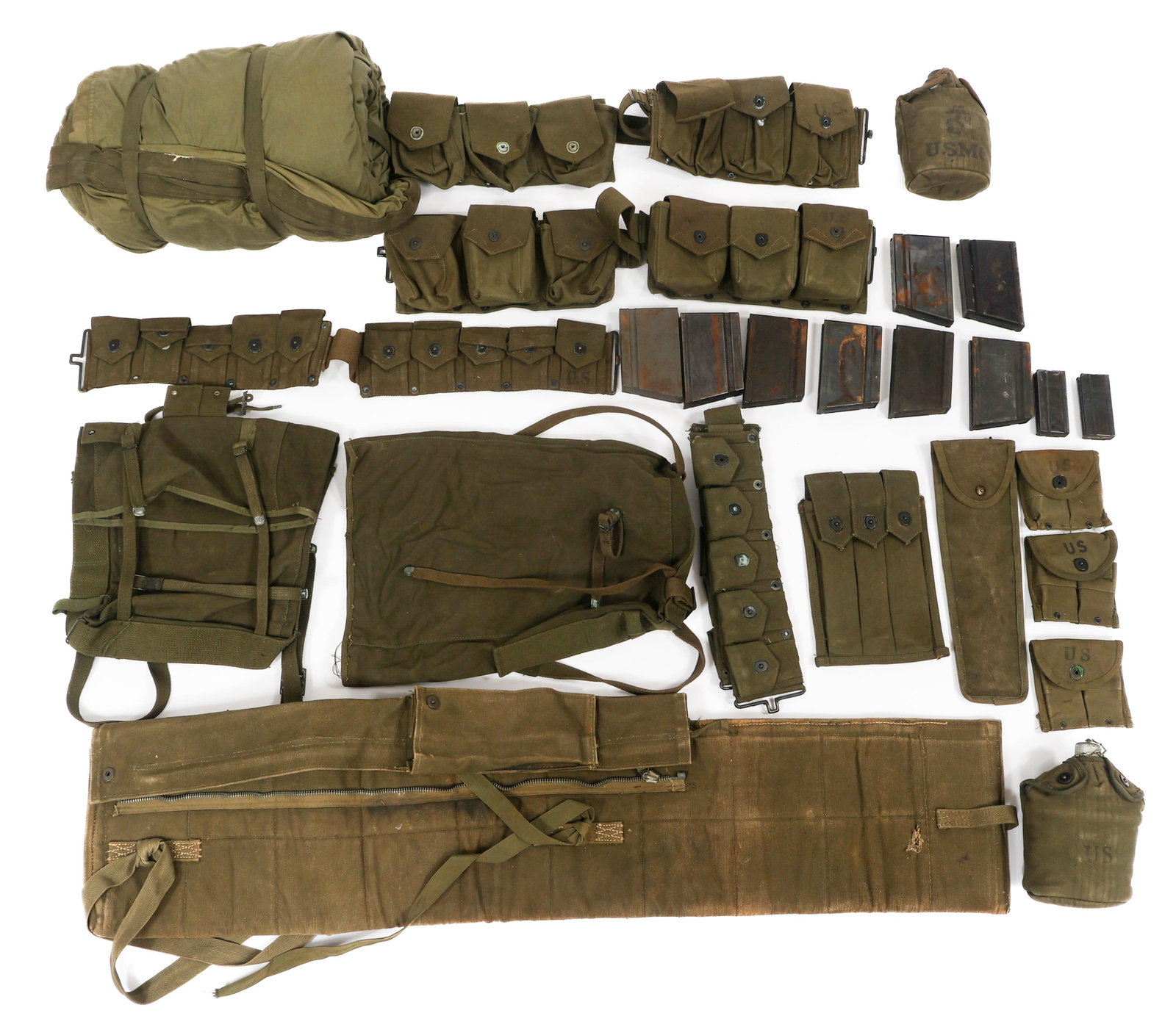 KOREAN WAR US ARMY & USMC BAR BELT & FIELD GEAR: KOREAN WAR US ARMY & USMC BAR BELT & FIELD GEAR Korean War US Army and Marine Corps BAR Cartridge Belt and Field Gear. Includes M1937 BAR Cartridge belt with 8 magazines, M3 Submachine gun ammunition 