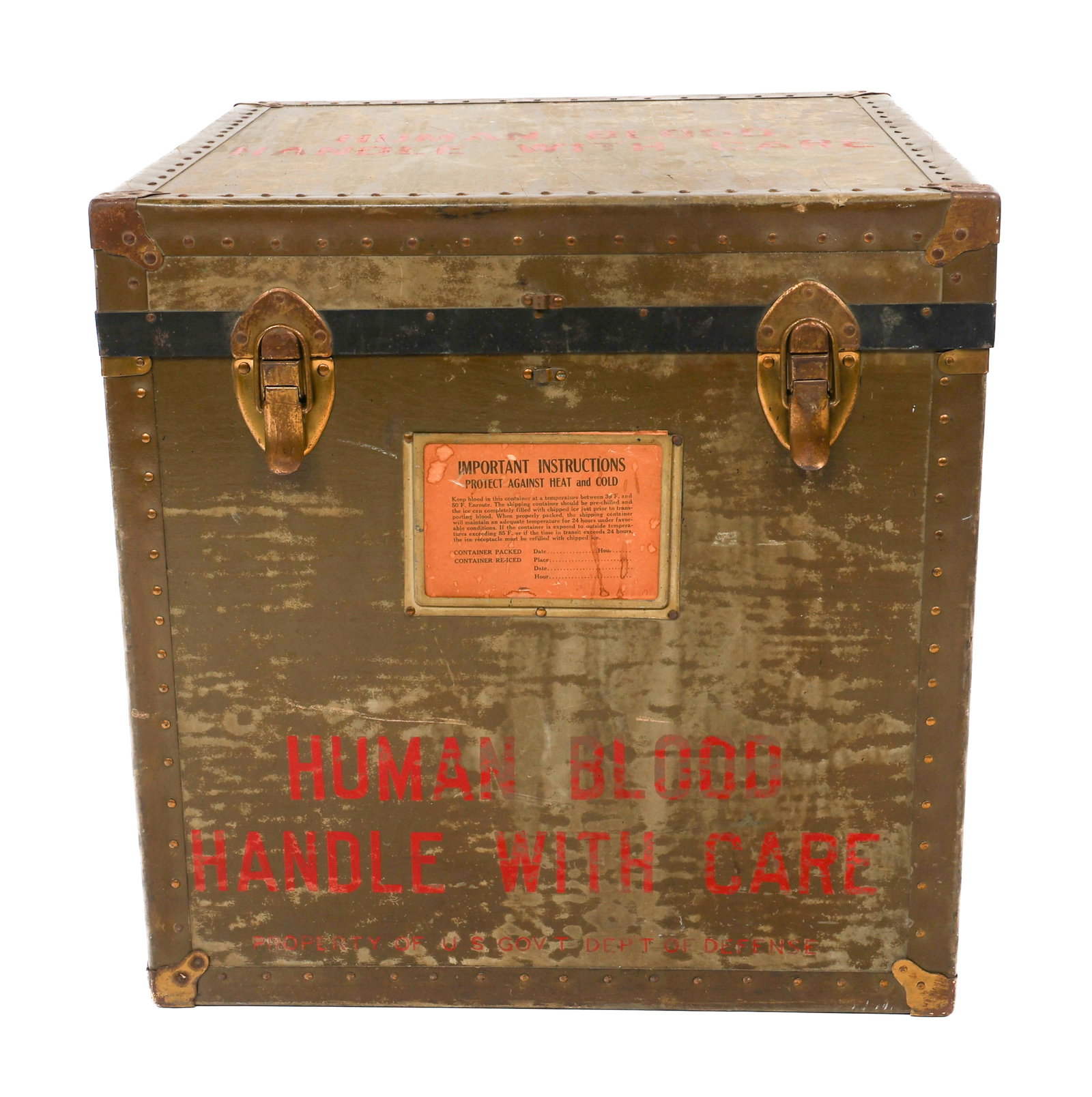 KOREAN WAR US DEPT. OF DEFENSE BLOOD TRANSPORT BOX: KOREAN WAR US DEPT. OF DEFENSE BLOOD TRANSPORT BOX Korean War Era US Department of Defense Human Blood Transport Cooler/Box. Insulated wood construction. Size: 24" x 24" x 24" Weight: 75 lbs