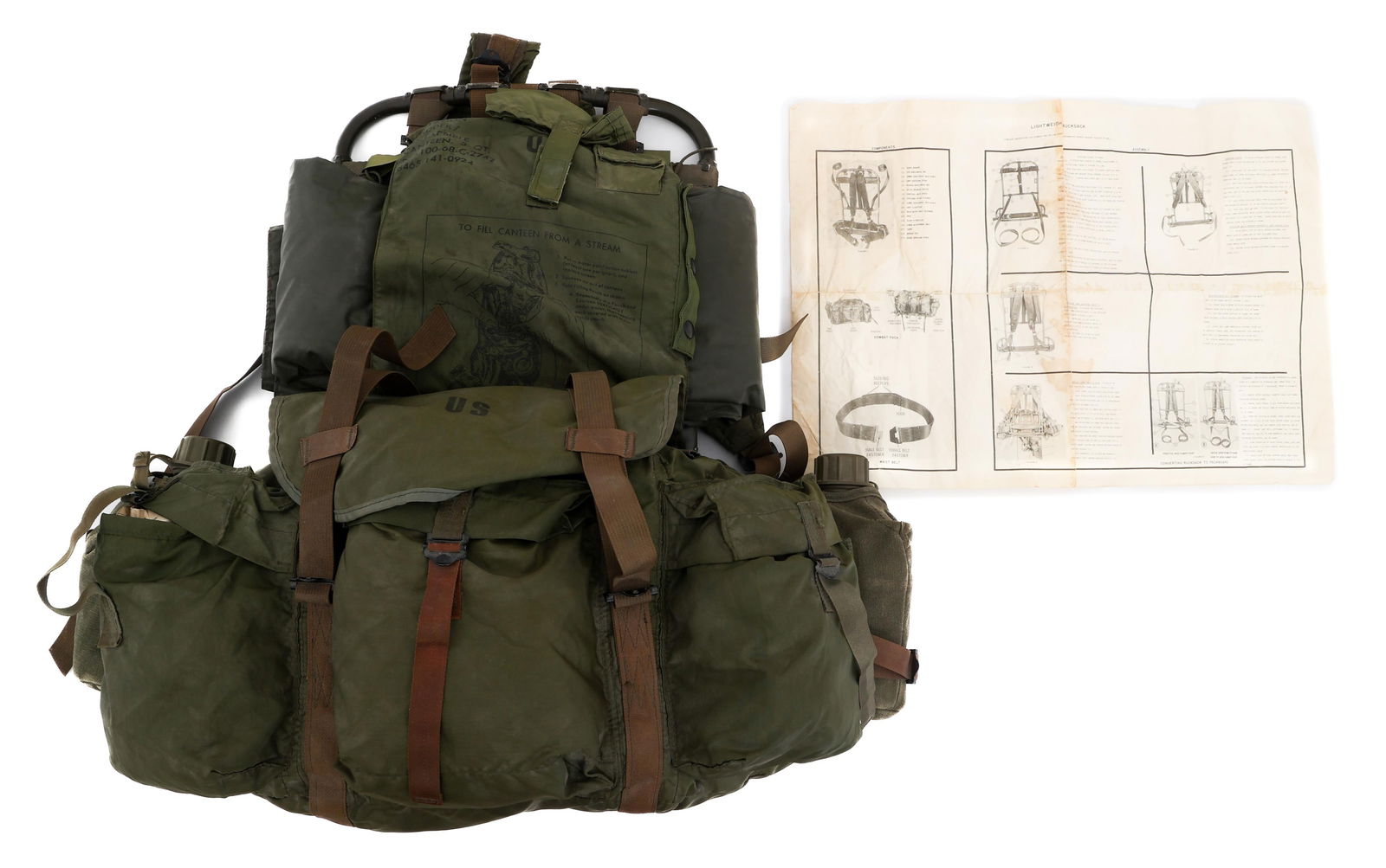 VIETNAM WAR US ARMY LIGHTWEIGHT NYLON RUCKSACK: VIETNAM WAR US ARMY LIGHTWEIGHT NYLON RUCKSACK Vietnam War US Army Lightweight Nylon Rucksack with Late Pattern riveted frame and instructions sheet. Two 1-Quart Plastic Canteens, 5-Quart Canteen Flot