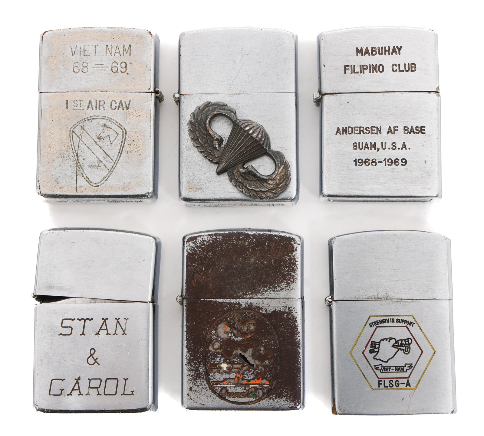 VIETNAM WAR US ARMED FORCES CIGARETTE LIGHTERS: VIETNAM WAR US ARMED FORCES CIGARETTE LIGHTERS Vietnam War US Armed Forces Cigarette Lighters. Includes 1st Cavalry Division, USMC Force Logistics Support Group A, Jumpwing badge, Andersen Air Force B