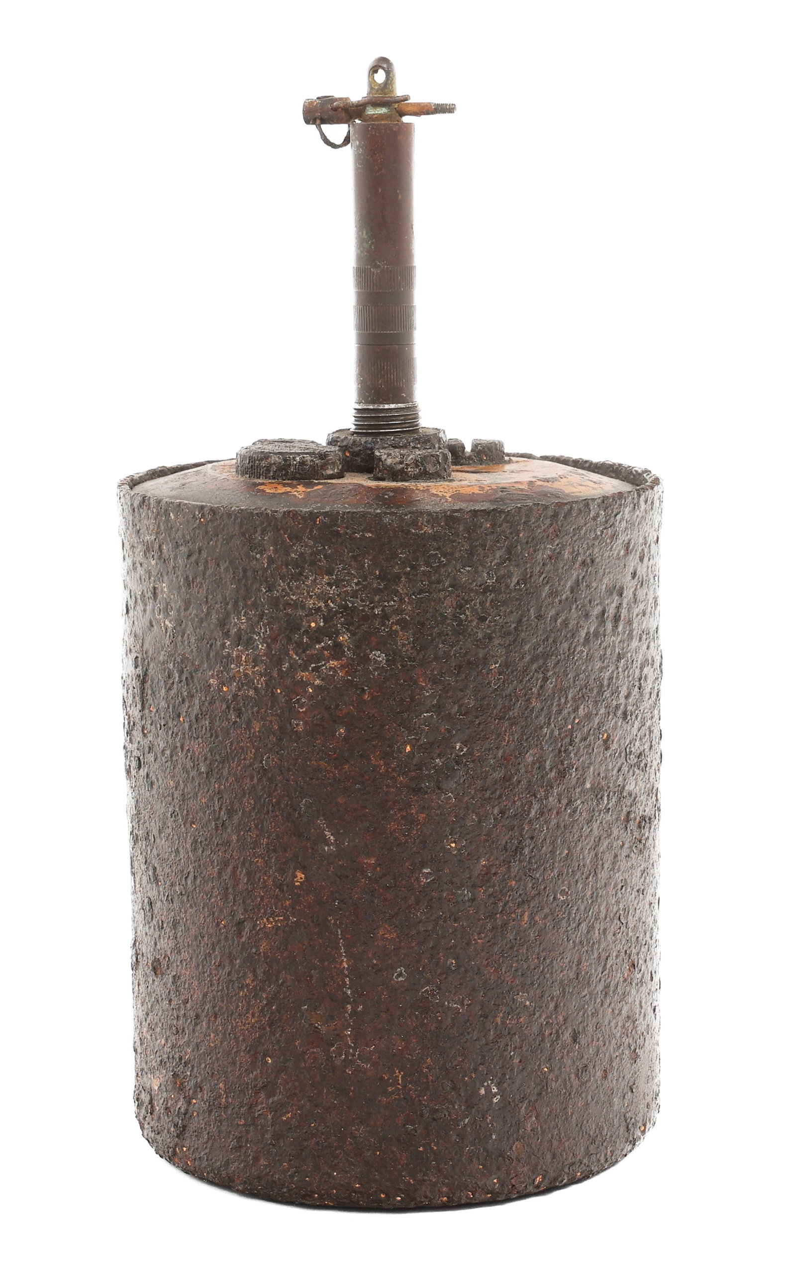 WWII GERMAN DUG BOUNCING BETTY S-MINE: WWII GERMAN DUG BOUNCING BETTY S-MINE WWII German Dug "Bouncing Betty" S-Mine. Fuse, Cardboard detonators and ball bearings present. Maker marked 43dan and stamped 204 on the top. Fuze is marked gcy41