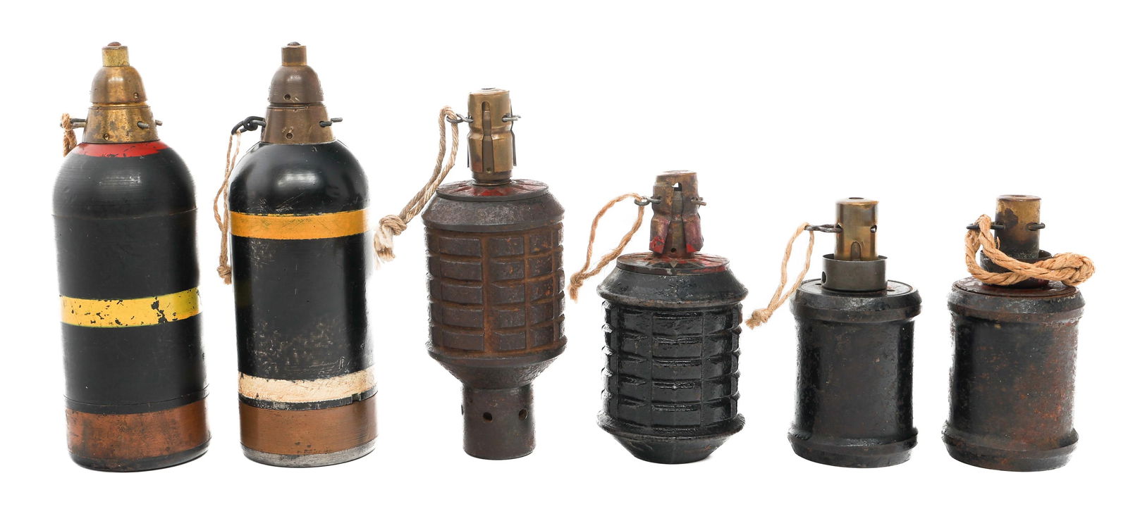 IMPERIAL JAPANESE HAND GRENADES & MORTAR ROUNDS: IMPERIAL JAPANESE HAND GRENADES & MORTAR ROUNDS Imperial Japanese Hand Grenades and Mortars. (1) Type 91. (1) Type 97. (2) Type 99 "Kiska". (2) Type 89 Knee Mortar Rounds.