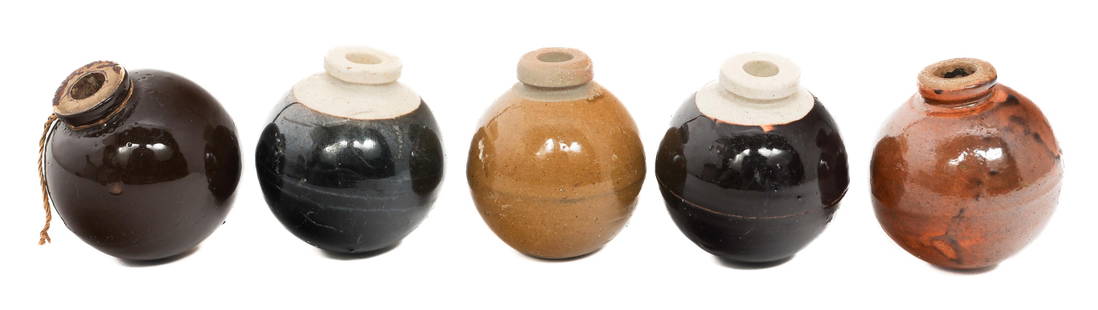 WWII IMPERIAL JAPANESE TYPE 4 CERAMIC GRENADES: WWII IMPERIAL JAPANESE TYPE 4 CERAMIC GRENADES WWII Imperial Japanese Type 4 Ceramic Grenades. Brown, dark brown, black, and olive painted. No fuzes present.