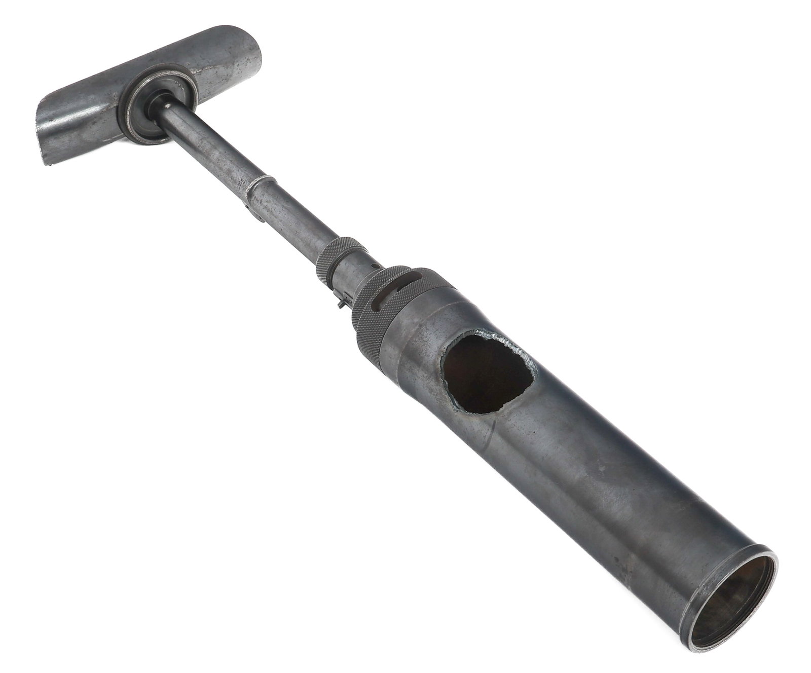 WWII JAPANESE TYPE 10 KNEE MORTAR - DEMILLED: WWII JAPANESE TYPE 10 KNEE MORTAR - DEMILLED WWII Imperial Japanese Type 10 Grenade Discharger (Knee Mortar). Demilled. Blued steel construction. Matching serial number 10843 on the tube, housing and 