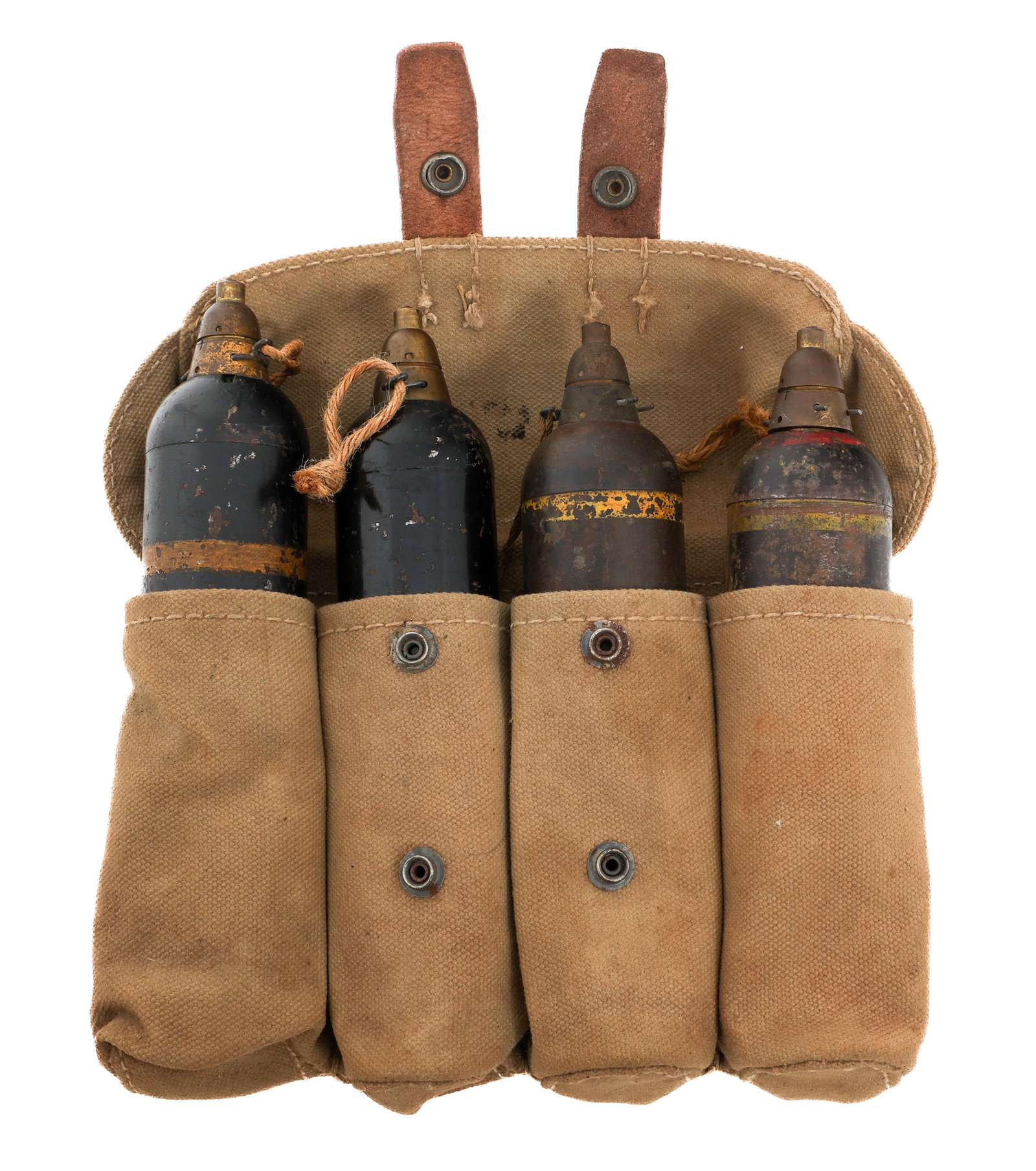 WWII JAPANESE TYPE 89 KNEE MORTAR ROUNDS & CASE: WWII JAPANESE TYPE 89 KNEE MORTAR ROUNDS & CASE WWII Imperial Japanese Type 89 Knee Mortar Rounds and Canvas Munitions Carrier Pouch. Inert. (4) Type 89 50mm Mortar Rounds. Type 88 fuzes. (1) Type 89 