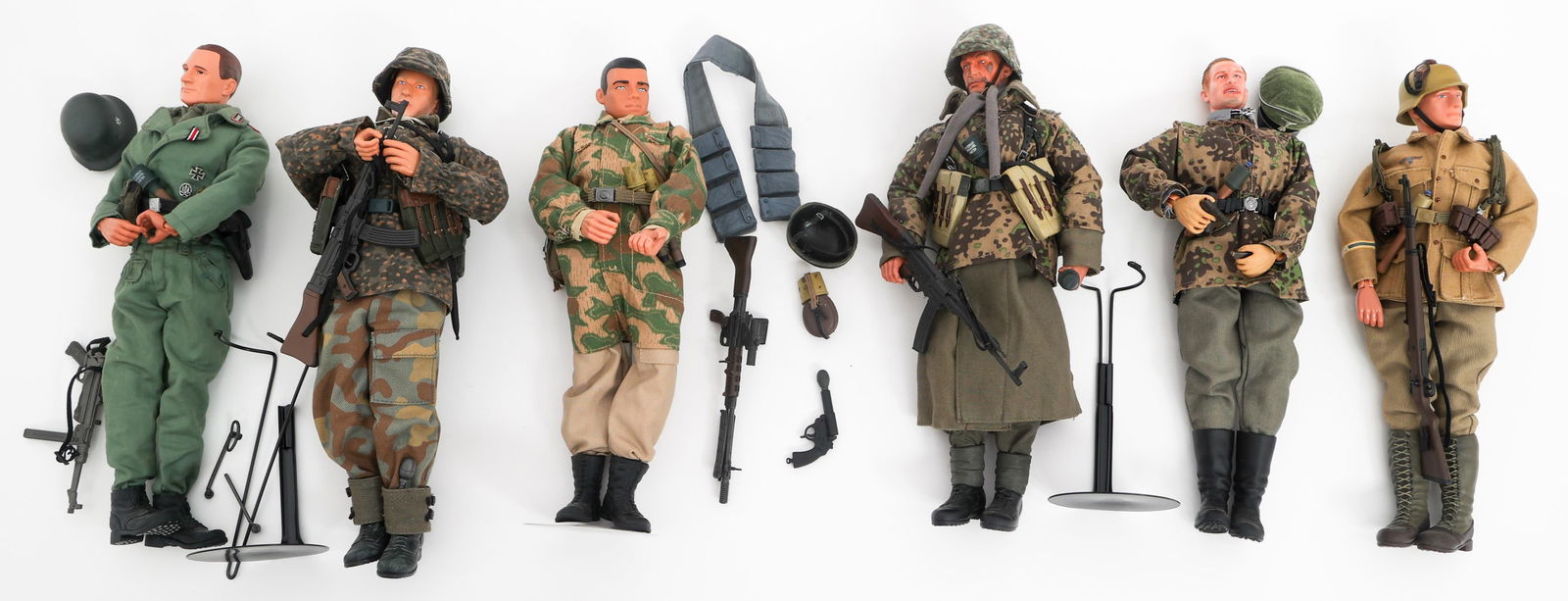 WWII GERMAN HEER & SS ACTION FIGURES: WWII GERMAN HEER & SS ACTION FIGURES WWII German Action Figures. 1/6 scale. (6) Action Figures with Waffen SS, Fallschirmjager, Panzer, and Afrika Korps Uniforms. Also includes field gear, small arms,