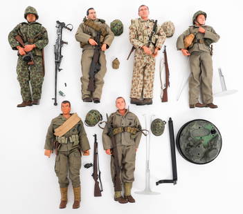 WWII US MARINE CORPS INFANTRY ACTION FIGURES: WWII US MARINE CORPS INFANTRY ACTION FIGURES WWII US Marine Corps Infantry Action Figures. 1/6 scale. (6) Action figures with frogskin camouflage, P44 and P41 uniforms. Includes field gear, small arms