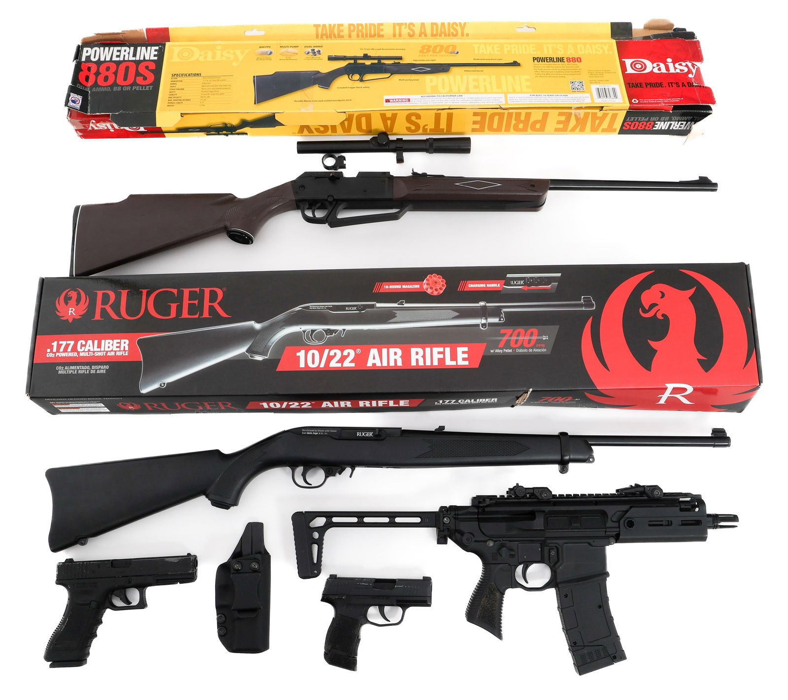 AIRSOFT TOY RIFLES & PISTOLS: AIRSOFT TOY RIFLES & PISTOLS Airsoft & BB Toy Rifles & Pistols. Includes Ruger 10/22 CO2 Powered BB Gun, Daisy .177 Air Powered BB Gun, SIG MCX CO2 powered airsoft rifle, Glock 17 CO2 powered airsoft