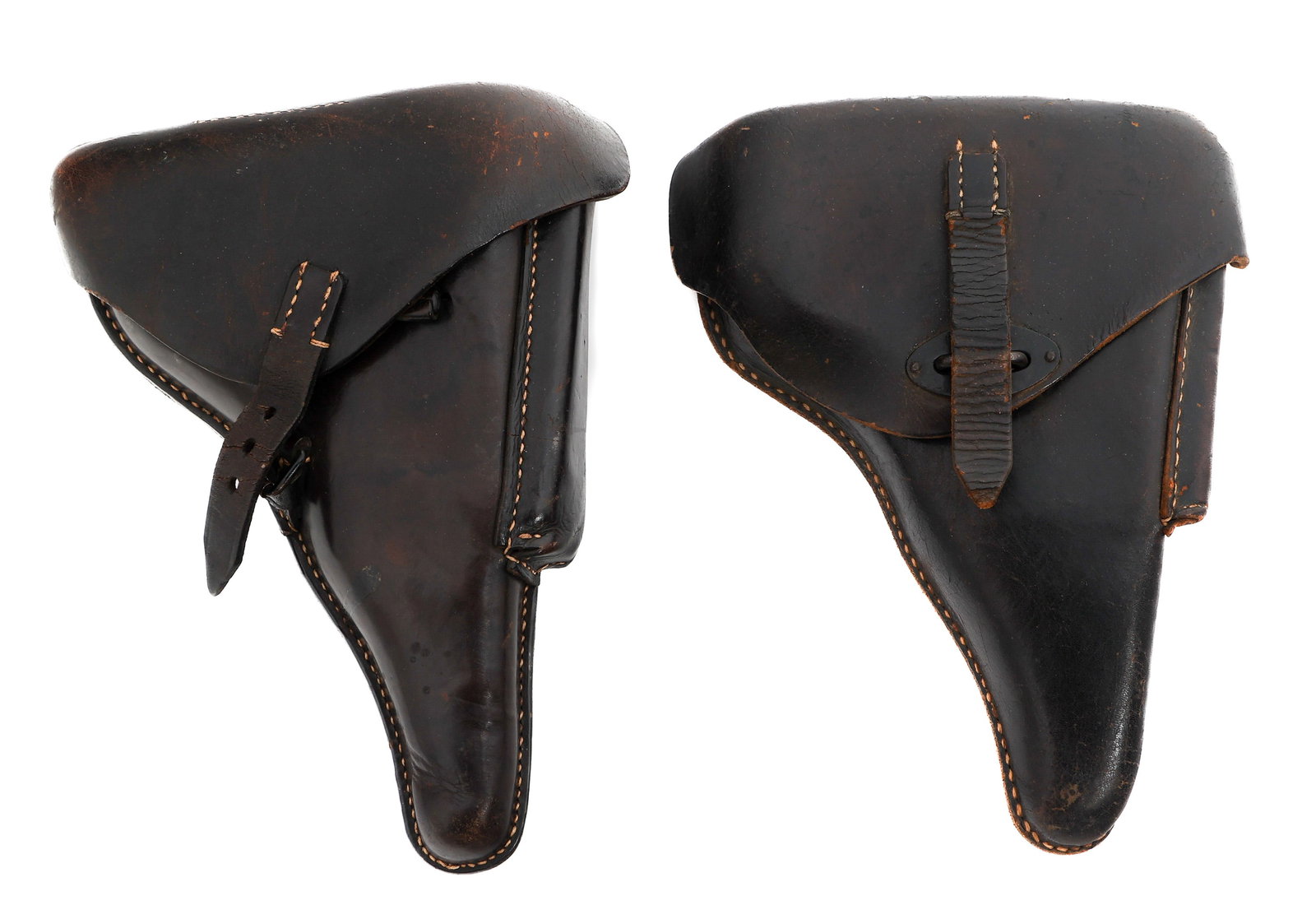 WWII GERMAN P08 & P38 LEATHER HOLSTERS: WWII GERMAN P08 & P38 LEATHER HOLSTERS WWII German P08 & P38 Leather Pistol Holsters. (1) P08. Maker marked "dtu.41", Waffen eagle over "WaA163", and "P08" stamped on the back. (1) P38 Maker marked "g