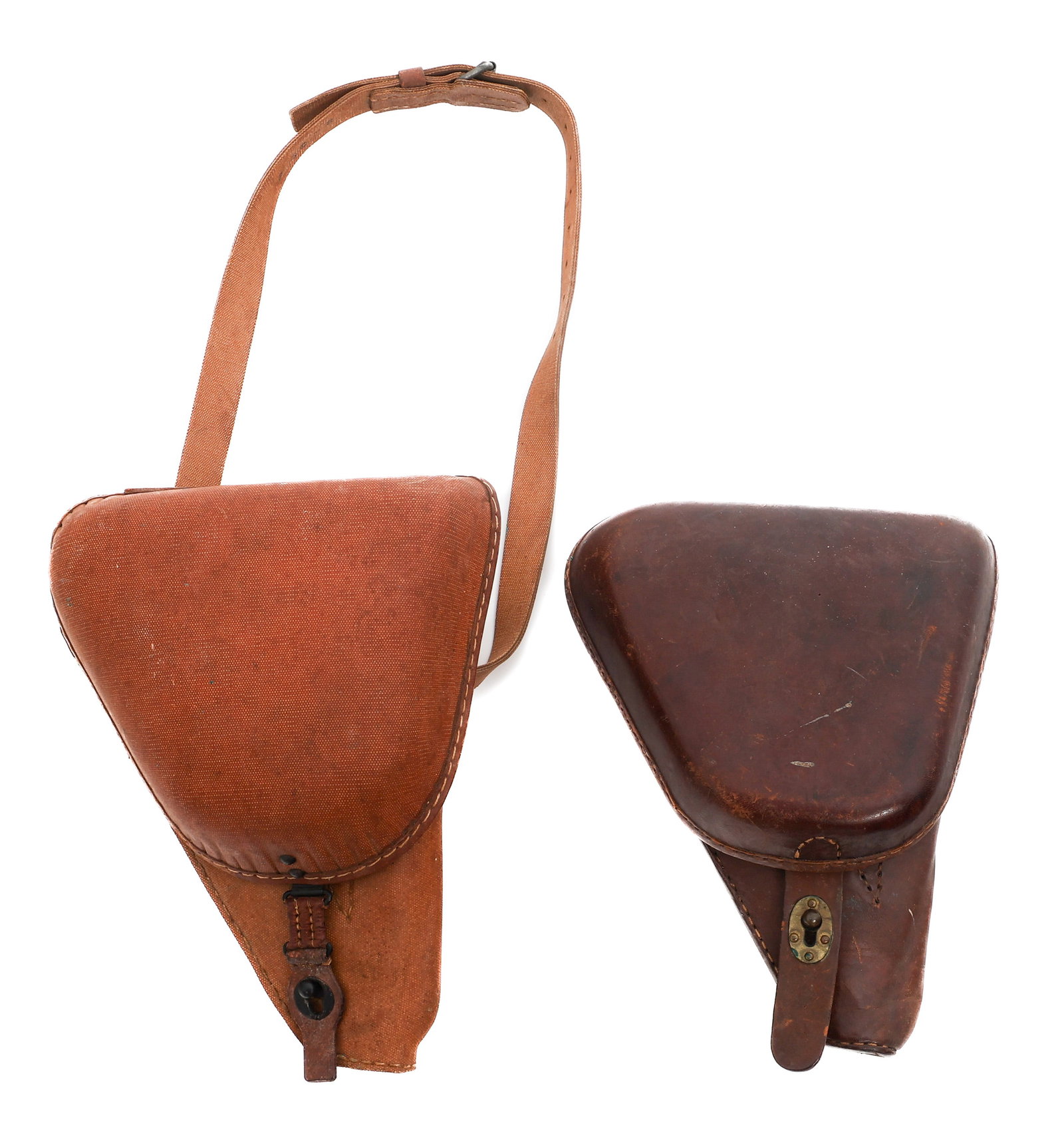 WWII JAPANESE NAMBU TYPE 14 PISTOL HOLSTERS: WWII JAPANESE NAMBU TYPE 14 PISTOL HOLSTERS WWII Japanese Nambu Type 14 Pistol Holsters. (1) Brown Leather Type 14. No visible stamps. (1) Rubberized Canvas Type 14. Kanji stamps present on the strap.