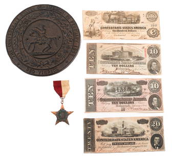 CIVIL WAR CONFEDERATE BANK NOTES, SEAL & MEDAL: CIVIL WAR CONFEDERATE BANK NOTES, SEAL & MEDAL Civil War Confederate Bank Notes, Great Seal and Infantry Medal. (1) Cast Iron Great Seal Plaque. (1) State Infantry Medal. (1) 100 Dollar Banknote. (1)