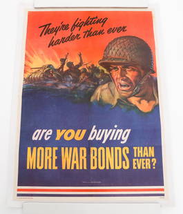WWII US "THEY'RE FIGHTING HARDER THAN EVER" POSTER: WWII US "THEY'RE FIGHTING HARDER THAN EVER" POSTER WWII US "They're Fighting Harder Than Ever" War Bonds Homefront Poster. Printed by the U.S. Government Printing Office. Dated 1943. Size: 28" x 20"
