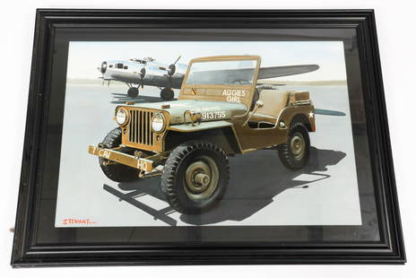 ROBERT W. STEWART "1952 JEEP & B-17G" OIL PAINTING: ROBERT W. STEWART "1952 JEEP & B-17G" OIL PAINTING Original Robert W. Stewart "1952 Jeep M-38 & 1944 B-17G" Painting. Oil on canvas. Hand signed by Stewart. Dated 2013. Size: 31 1/2" x 42 1/2" x 2"