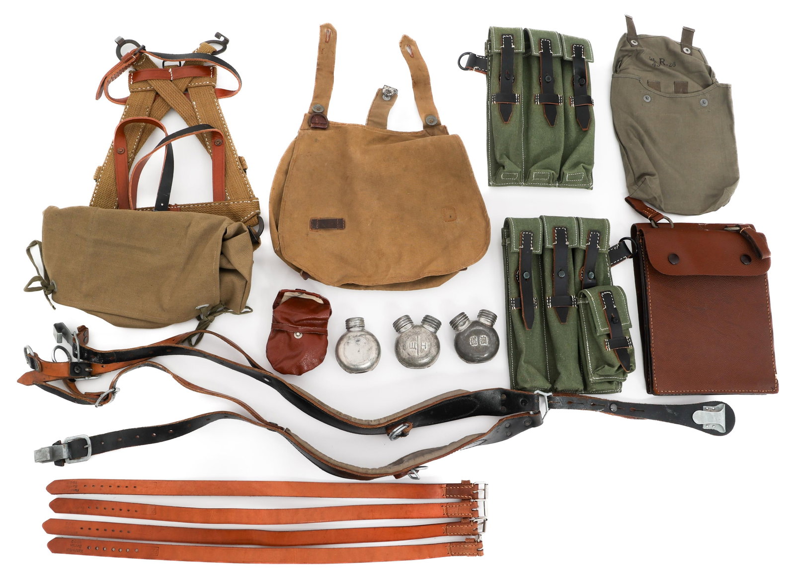 WWI - COLD WAR WORLD MILITARY & REENACTOR GEAR: WWI - COLD WAR WORLD MILITARY & REENACTOR GEAR WWI - Cold War World Military & Reenactor Field Gear. Includes Imperial German M87 Bread Bag, Austrian Army padded leather Y-straps, and Chinese SKS oil 