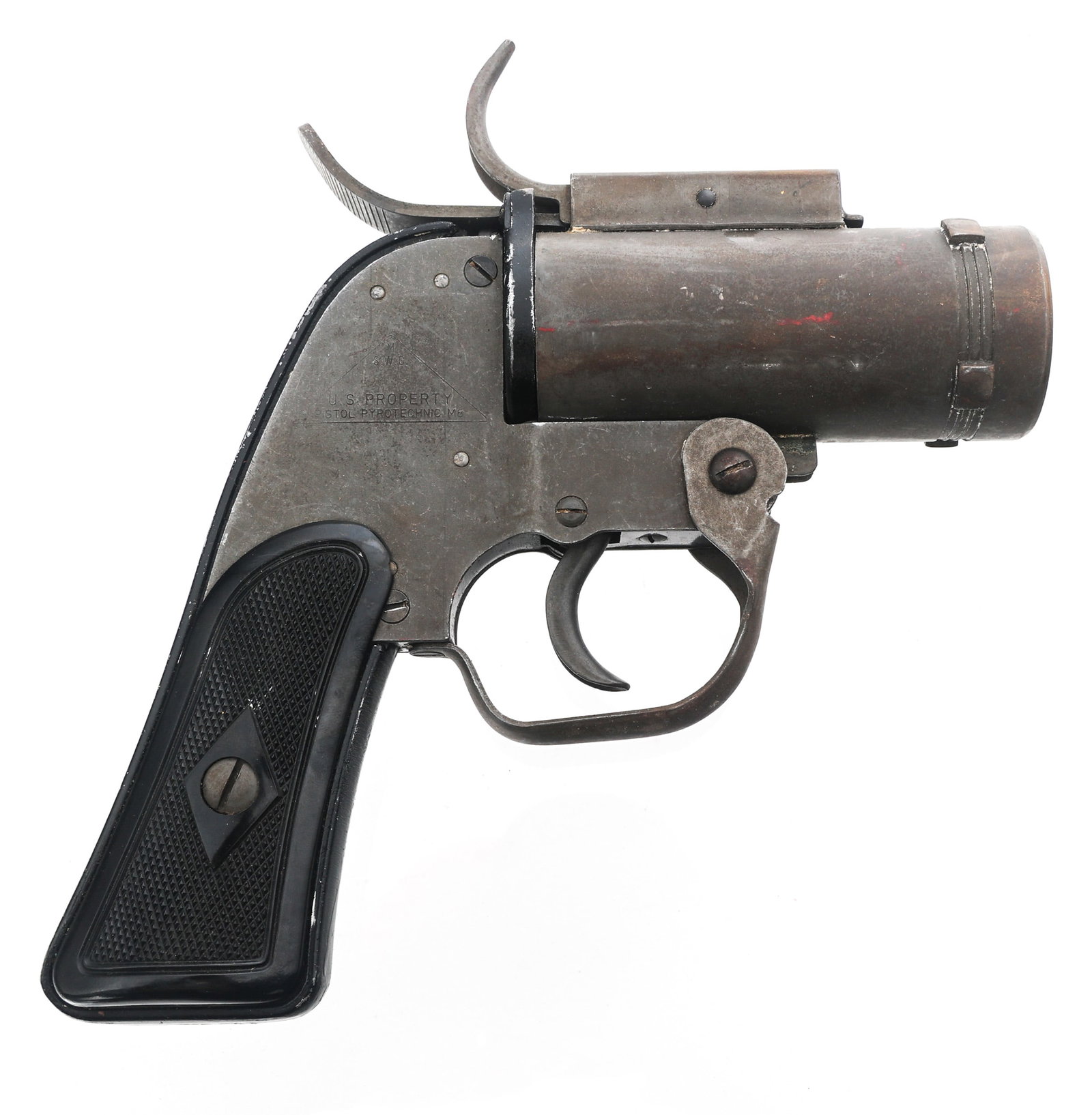 WWII US MSWC PISTOL PYROTECHNIC M8 FLARE PISTOL: WWII US MSWC PISTOL PYROTECHNIC M8 FLARE PISTOL WWII US MSWC Pistol Pyrotechnic M-8 37mm flare pistol. Stamped "MSWC US Property". Synthetic grips. Leather holster. Marine signal flares. Metal ammunit