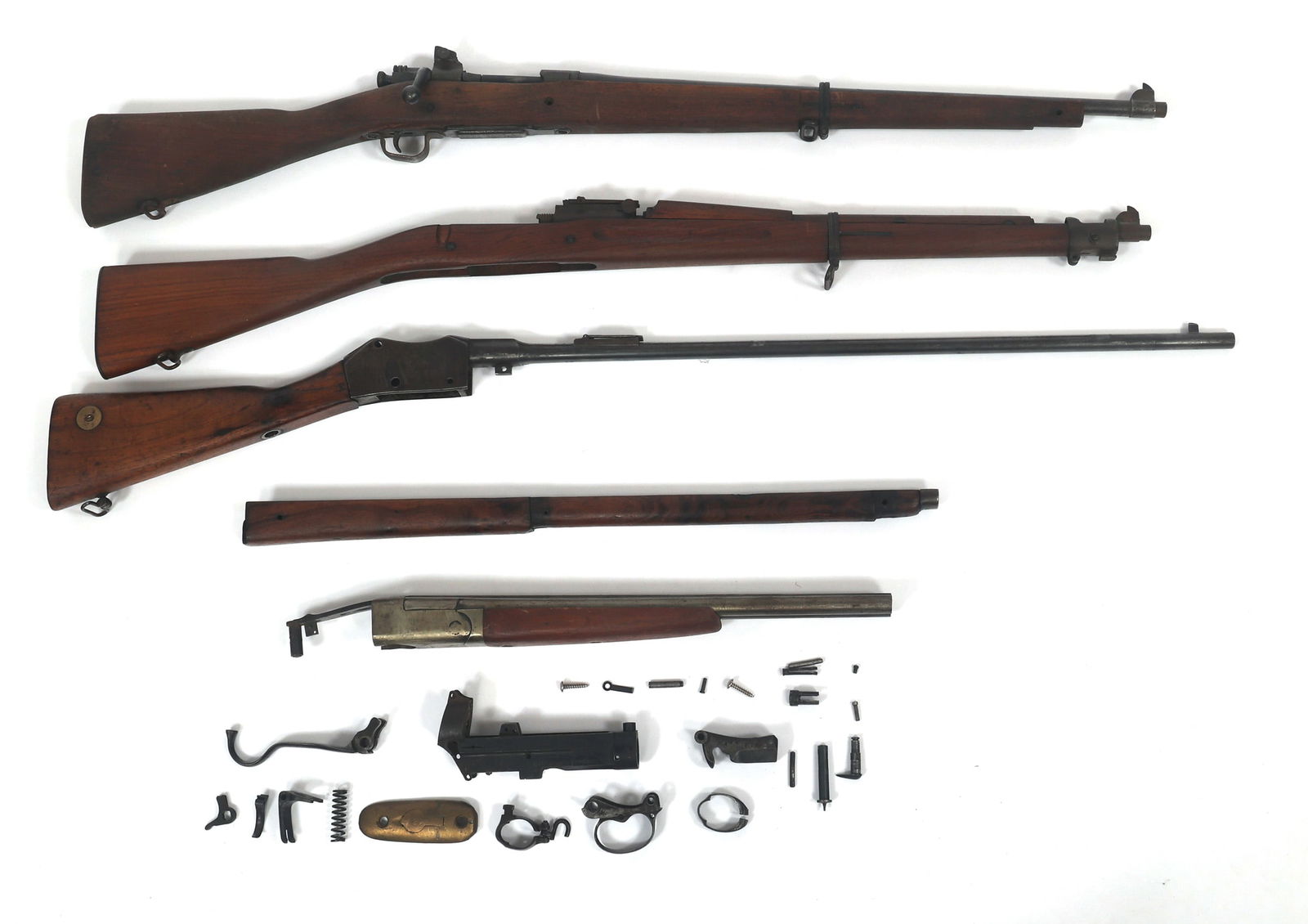 RIFLES, SHOTGUN AND RECEIVER FOR PARTS OR REPAIR: RIFLES, SHOTGUN AND RECEIVER FOR PARTS OR REPAIR Three rifles and one shotgun for parts or repair. A) US Remington Model 03-A3 .30-06 caliber bolt action rifle. Missing: upper handguard, barrel bands,