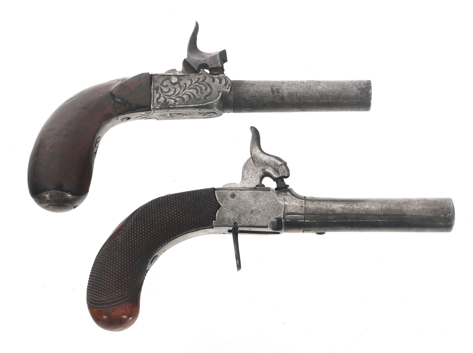 FOLDING TRIGGER PERCUSSION BOOT PISTOLS: FOLDING TRIGGER PERCUSSION BOOT PISTOLS Two folding trigger percussion boot pistols. A) British folding trigger .40 caliber boot pistol. British proof stamps on barrel and frame. Checkered wood grips.