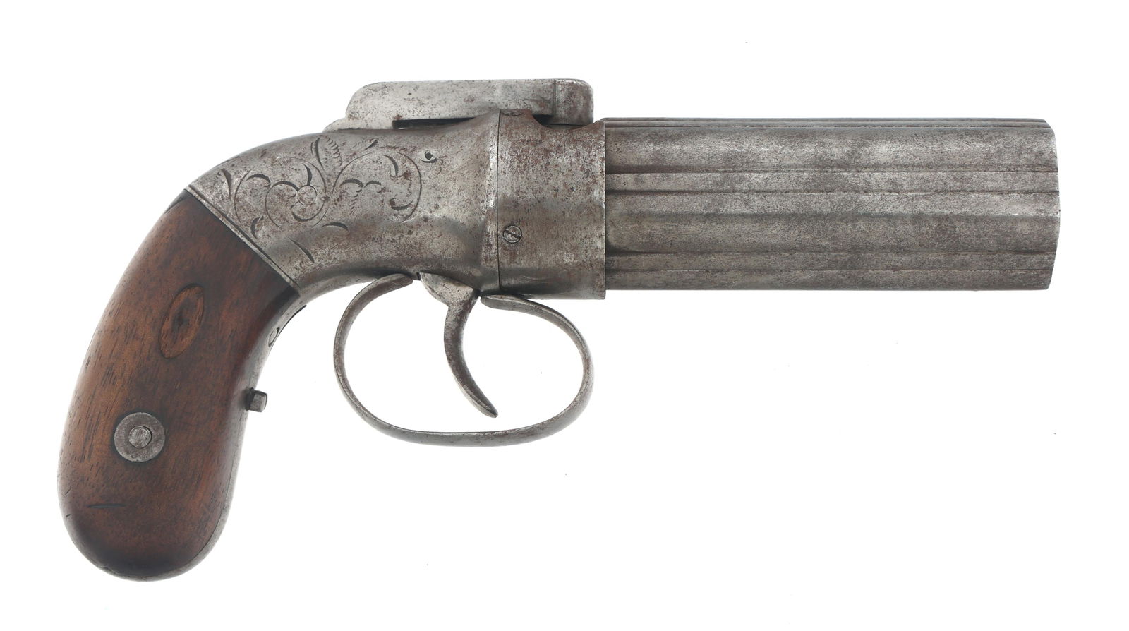 ALLEN'S PATENT 1837 .31 CALIBER PEPPERBOX REVOLVER: ALLEN'S PATENT 1837 .31 CALIBER PEPPERBOX REVOLVER Allen's Patent 1837 .31 caliber pepperbox revolver. Serial numbers match on frame, main spring, trigger guard, and grips. Engraved frame. Wood grips.