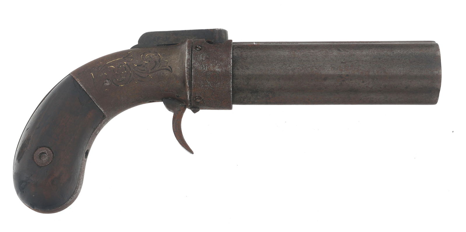 ALLEN THURBER .31 CALIBER PEPPERBOX REVOLVER: ALLEN THURBER .31 CALIBER PEPPERBOX REVOLVER Allen Thurber .31 caliber percussion pepperbox revolver. Barrel stamped Allen Thurber Worcester. Bar hammer stamped Allen's Patent 1846. Engraved receiver.