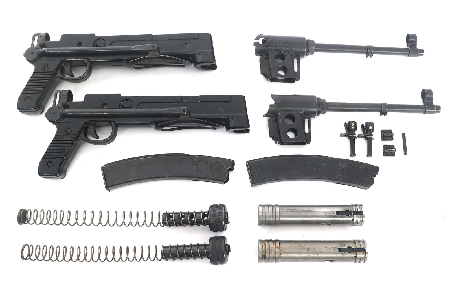 YUGOSLAVIAN M56 7.62mm CAL MACHINE GUN PARTS KITS: YUGOSLAVIAN M56 7.62mm CAL MACHINE GUN PARTS KITS Two Yugoslavian M56 7.62x25mm caliber machine gun parts kits. Two composite lower receivers with folding buttstocks. Two bolts. Two barrel assemblies
