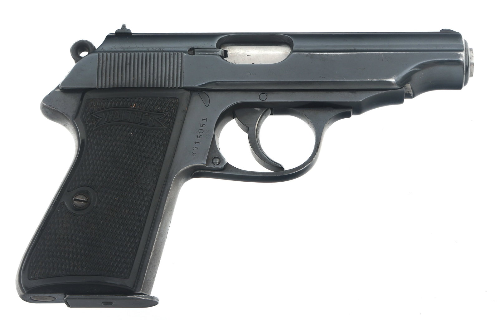 WALTHER MODEL PP 7.65mm CALIBER SEMI AUTO PISTOL: WALTHER MODEL PP 7.65mm CALIBER SEMI AUTO PISTOL 1944 Walther Model PP 7.65mm caliber semi automatic pistol. Blued finish. Fixed sights. Checkered composite Walther grips. One magazine. Caliber / Gaug