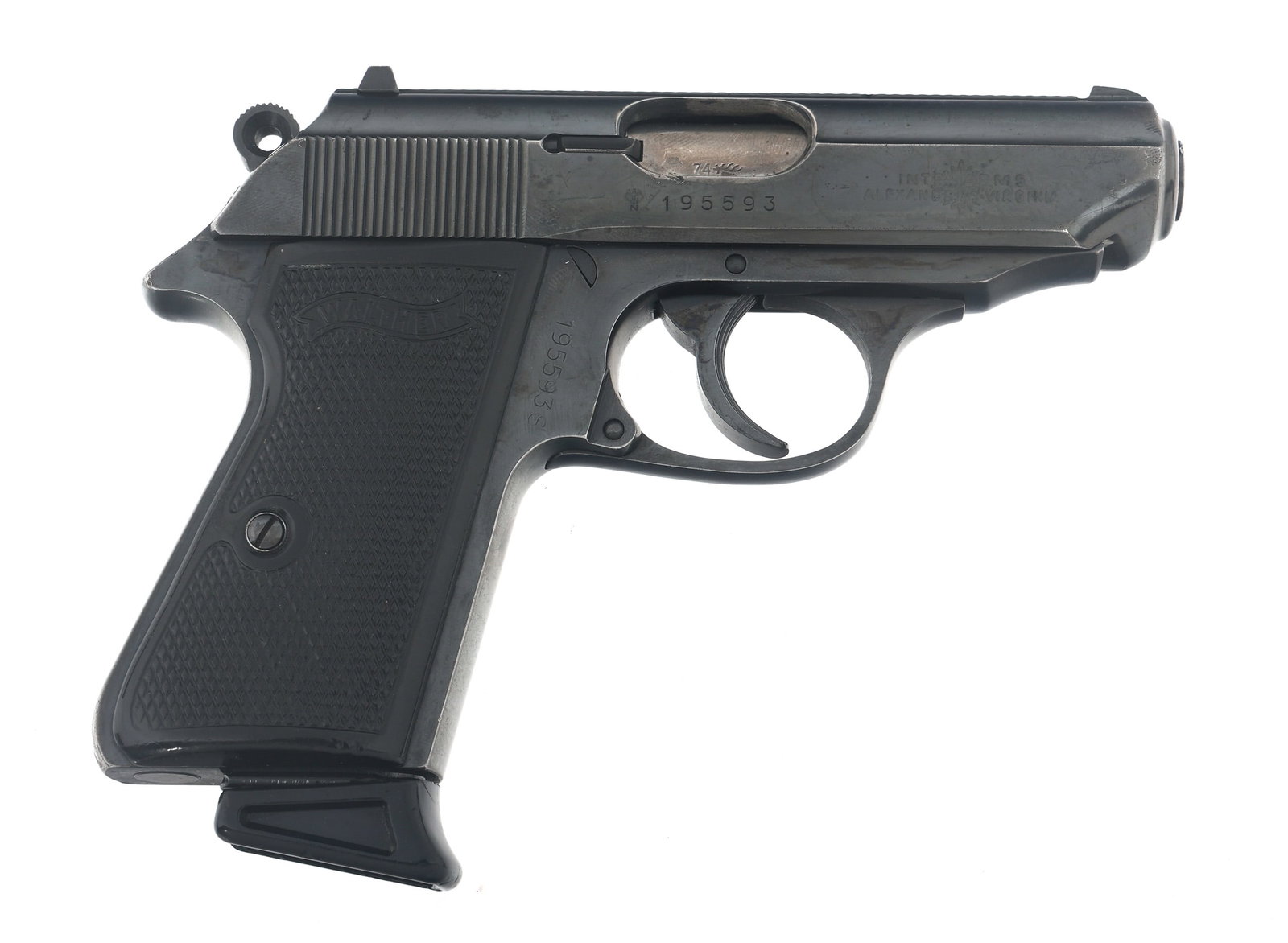 WALTHER MODEL PPK/S 9mm CALIBER SEMI AUTO PISTOL: WALTHER MODEL PPK/S 9mm CALIBER SEMI AUTO PISTOL Walther PPK/S 9mm Kurz caliber semi automatic pistol. Import stamped Inter Arms. Blued finish. Fixed sights. Checkered composite Walther grips. One mag