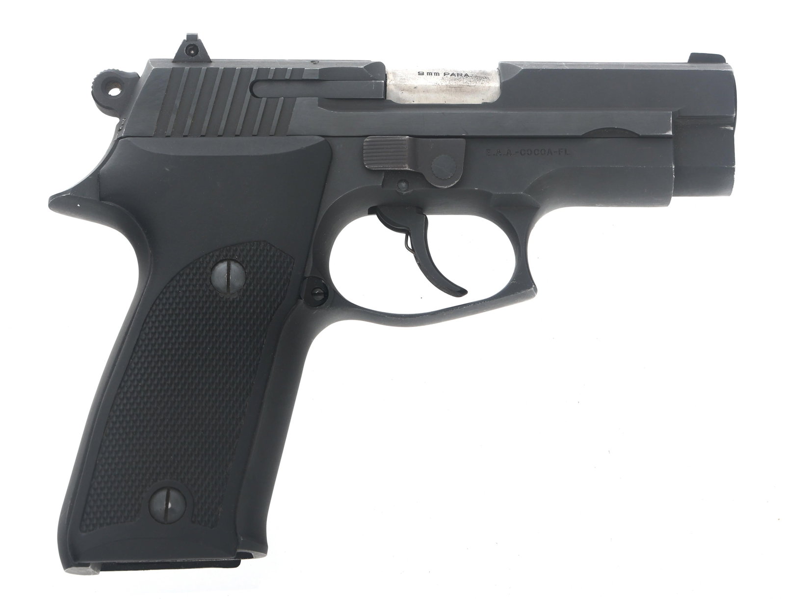 ASTRA MODEL A-100 9x19mm CALIBER PISTOL: ASTRA MODEL A-100 9x19mm CALIBER PISTOL Astra Model A-100 9x19mm caliber semi automatic pistol. Import stamped EAA. Matte black finish. Fixed sights. Checkered composite grips. No magazine. Caliber / 