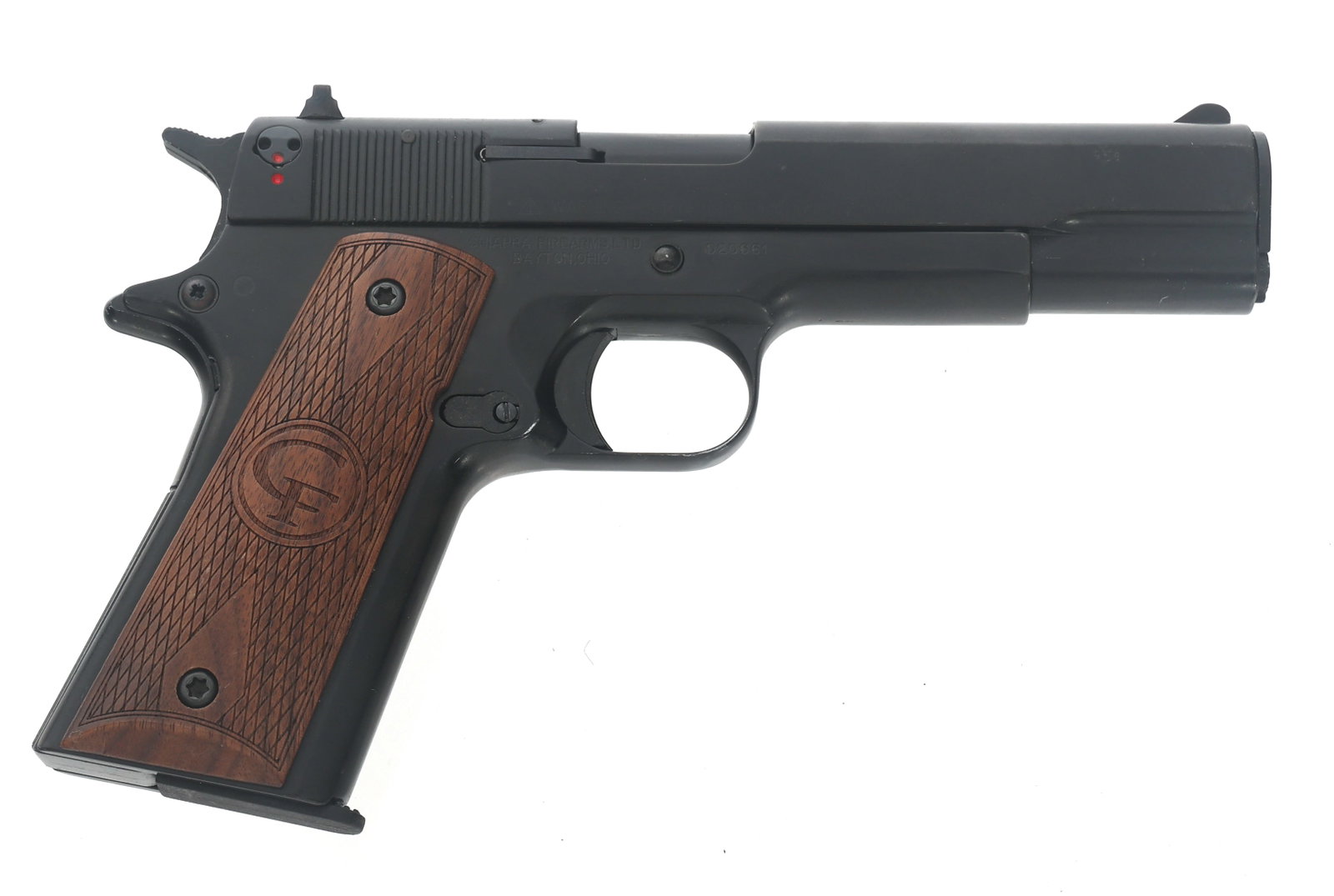 CHIAPPA 1911-22 .22 LR CALIBER SEMI AUTO PISTOL: CHIAPPA 1911-22 .22 LR CALIBER SEMI AUTO PISTOL Chiappa Model 1911-22 .22 LR caliber semi automatic pistol. Matte black finish. Fixed sights. Checkered wood Chiappa grips. Manual. Cleaning brush. Two 