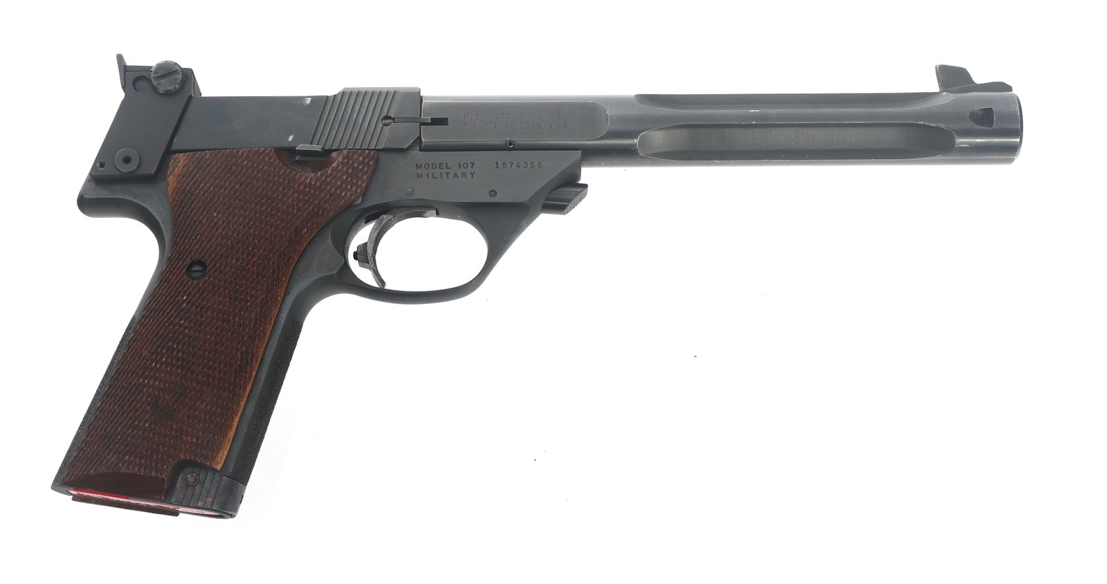 HIGH STANDARD MODEL 107 MILITARY 22 CALIBER PISTOL: HIGH STANDARD MODEL 107 MILITARY 22 CALIBER PISTOL High Standard Olympic Model 107 Military .22 LR caliber semi automatic target pistol. 7.25 inch fluted and ported barrel. Checkered wood grips. One m