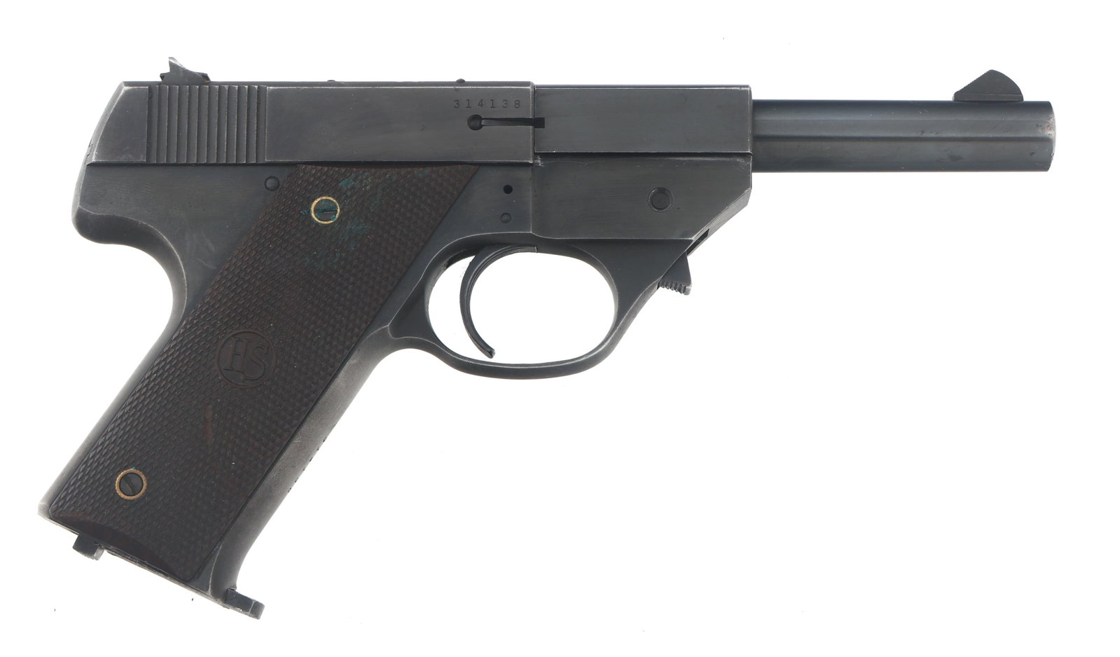 HI-STANDARD MODEL GB .22 LR CALIBER TARGET PISTOL: HI-STANDARD MODEL GB .22 LR CALIBER TARGET PISTOL Hi Standard Model GB .22 LR caliber semi automatic target pistol. Blued finish. Fixed sights. Checkered Hi Standard composite grips. One magazine. Lea