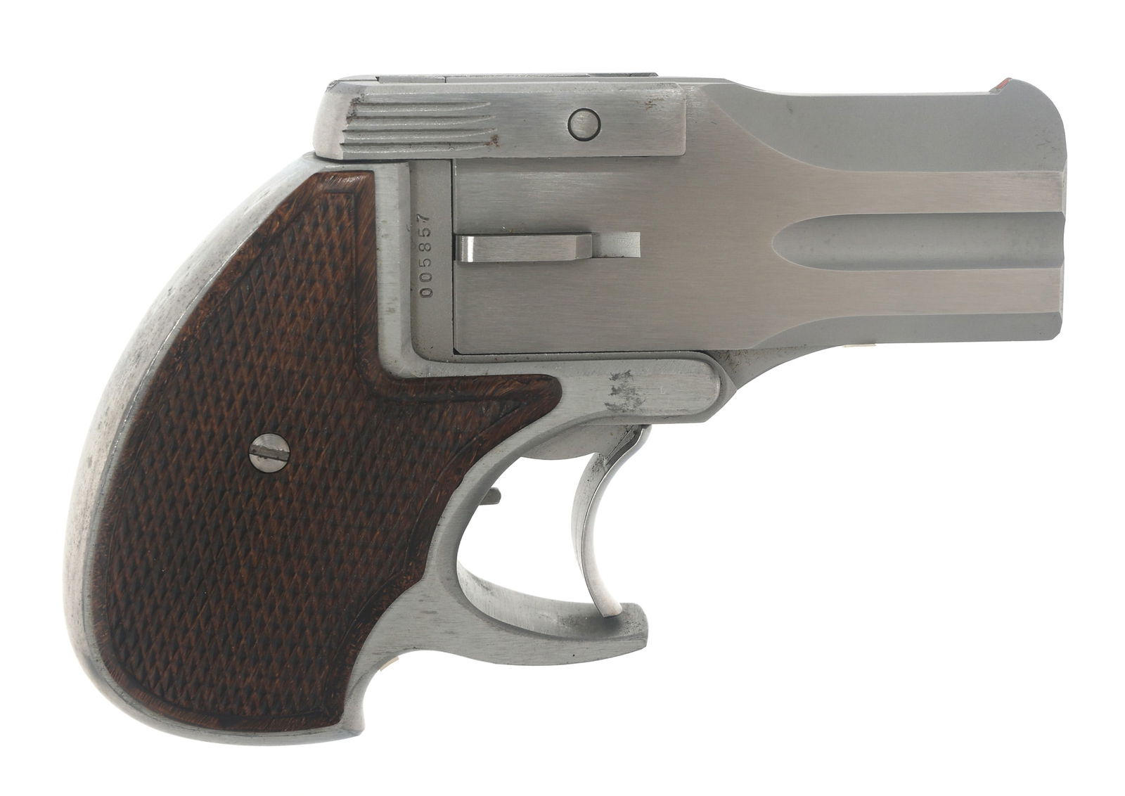 BTJ MODEL DA-38 .38 SPL CALIBER DERRINGER: BTJ MODEL DA-38 .38 SPL CALIBER DERRINGER Bellmore Johnson Tool Company Model DA-38 .38 SPL caliber double action derringer. Matte stainless steel finish. Fixed sights. Checkered wood grips. Caliber /