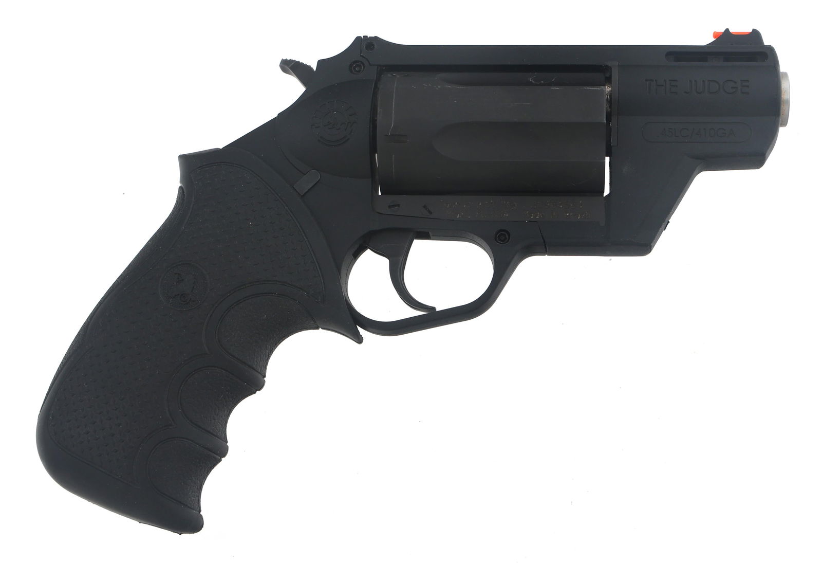TAURUS PUBLIC DEFENDER .45 LC / .410 GA REVOLVER: TAURUS PUBLIC DEFENDER .45 LC / .410 GA REVOLVER Taurus Public Defender The Judge .45LC/.410 gauge Revolver. Public Defender Poly stamped on the sight rib. The Judge .45LC/.410GA stamped on barrel. Fi