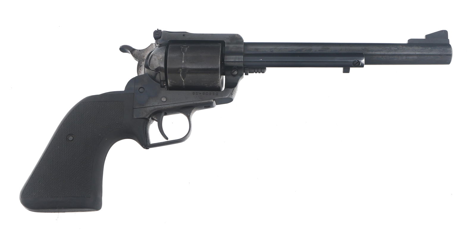 RUGER NEW MODEL SUPER BLACKHAWK .44 CAL REVOLVER: RUGER NEW MODEL SUPER BLACKHAWK .44 CAL REVOLVER Ruger New Model Super Blackhawk .44 Magnum caliber single action revolver. Blued finish. Adjustable rear sight. Six shot smooth cylinder. Checkered rub