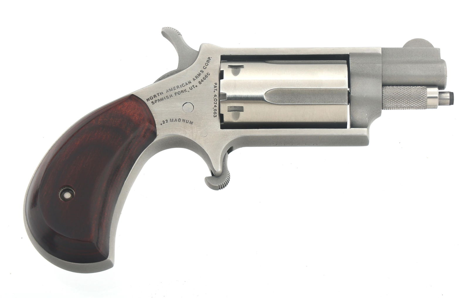 NAA MODEL NAA-22MS .22 MAG CALIBER REVOLVER: NAA MODEL NAA-22MS .22 MAG CALIBER REVOLVER North American Arms Model NAA-22MS .22 Magnum caliber single action revolver. Stainless steel. Fixed sights. Wood grips. Two five-shot fluted cylinders. NAA