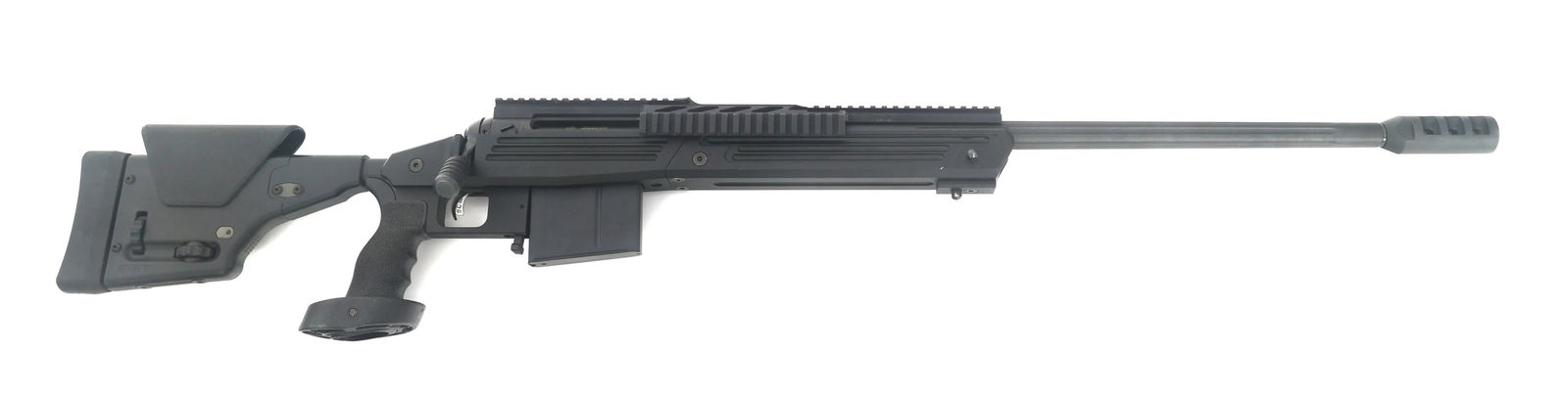 SAVAGE ARMS MODEL 110BA .338 LAPUA MAG CAL RIFLE: SAVAGE ARMS MODEL 110BA .338 LAPUA MAG CAL RIFLE Savage Arms Model 110BA .338 Lapua Magnum caliber bolt action rifle. Matte black finish. Fluted heavy barrel with muzzle break. Accutrigger. Barrel mou