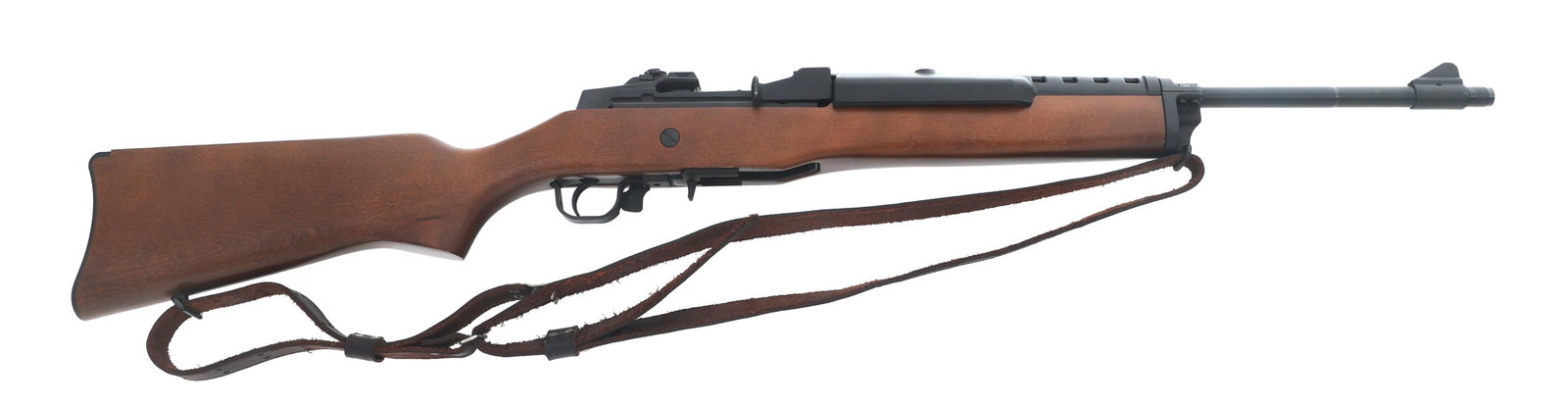 RUGER MODEL MINI-14 .223 CALIBER RANCH RIFLE: RUGER MODEL MINI-14 .223 CALIBER RANCH RIFLE Ruger Mini-14 .223 Rem. caliber semi automatic Ranch rifle. Blued finish. Adjustable flip up rear sight. Leather sling. No magazine. Wood stock. Caliber / 