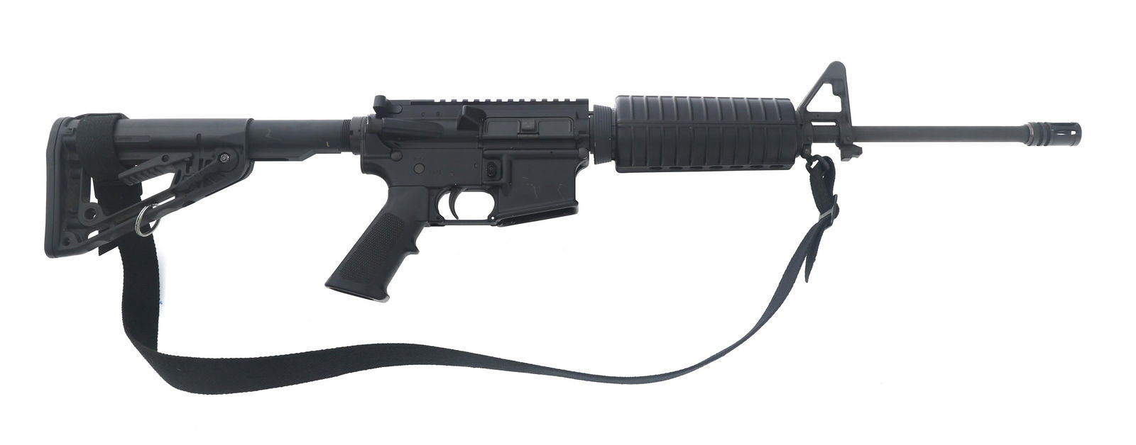 COLT MODEL AR-15A4 5.56 CALIBER SEMI AUTO RIFLE: COLT MODEL AR-15A4 5.56 CALIBER SEMI AUTO RIFLE Colt Model AR-15A4 5.56mm caliber semi automatic rifle. Black finish. A2 front sight. Flat top receiver with forward assist. Composite hand guard. Flash
